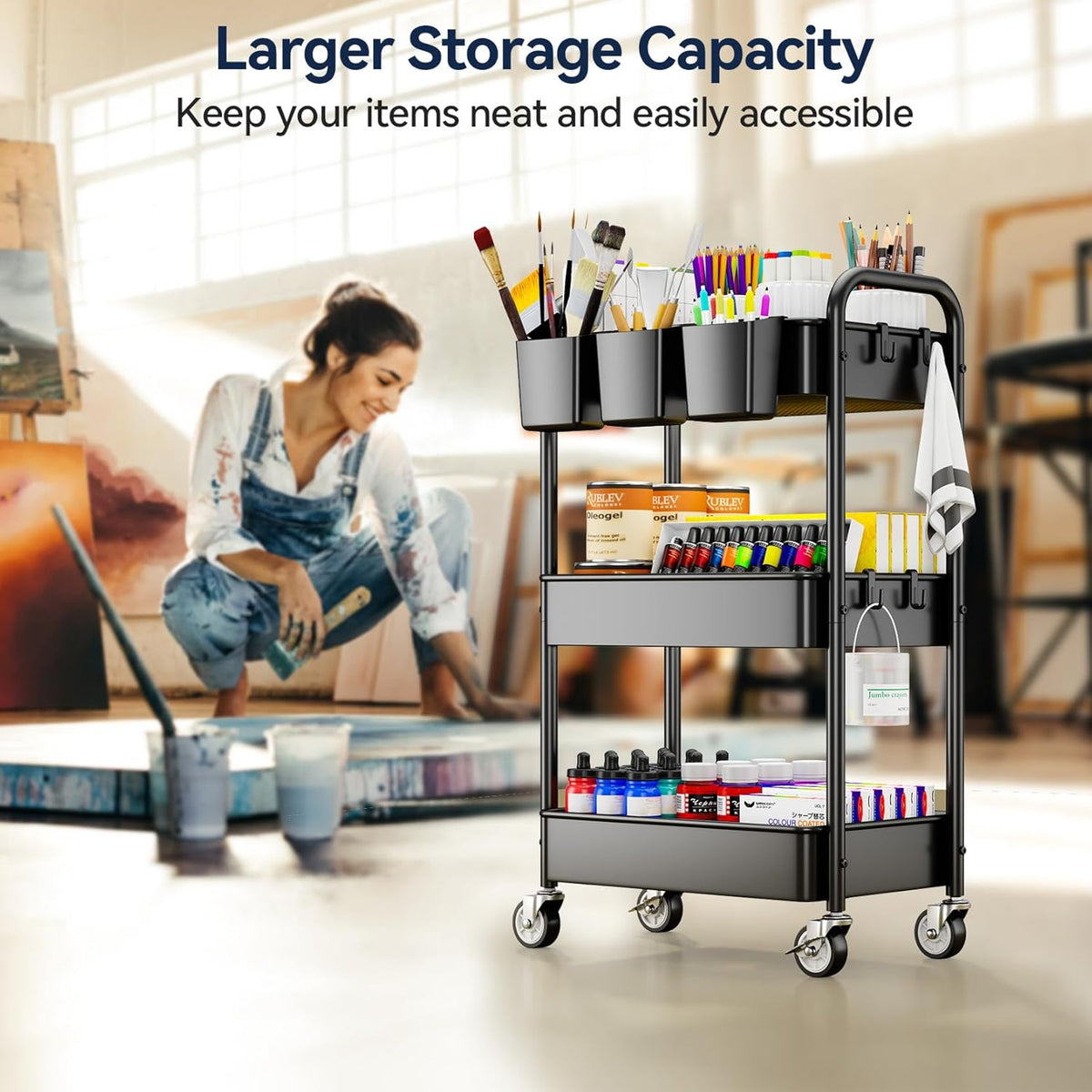 YASONIC 3 Tier Rolling Cart - Metal Utility Cart with Wheels, Hanging Cups, Hooks, Heavy Duty Mesh