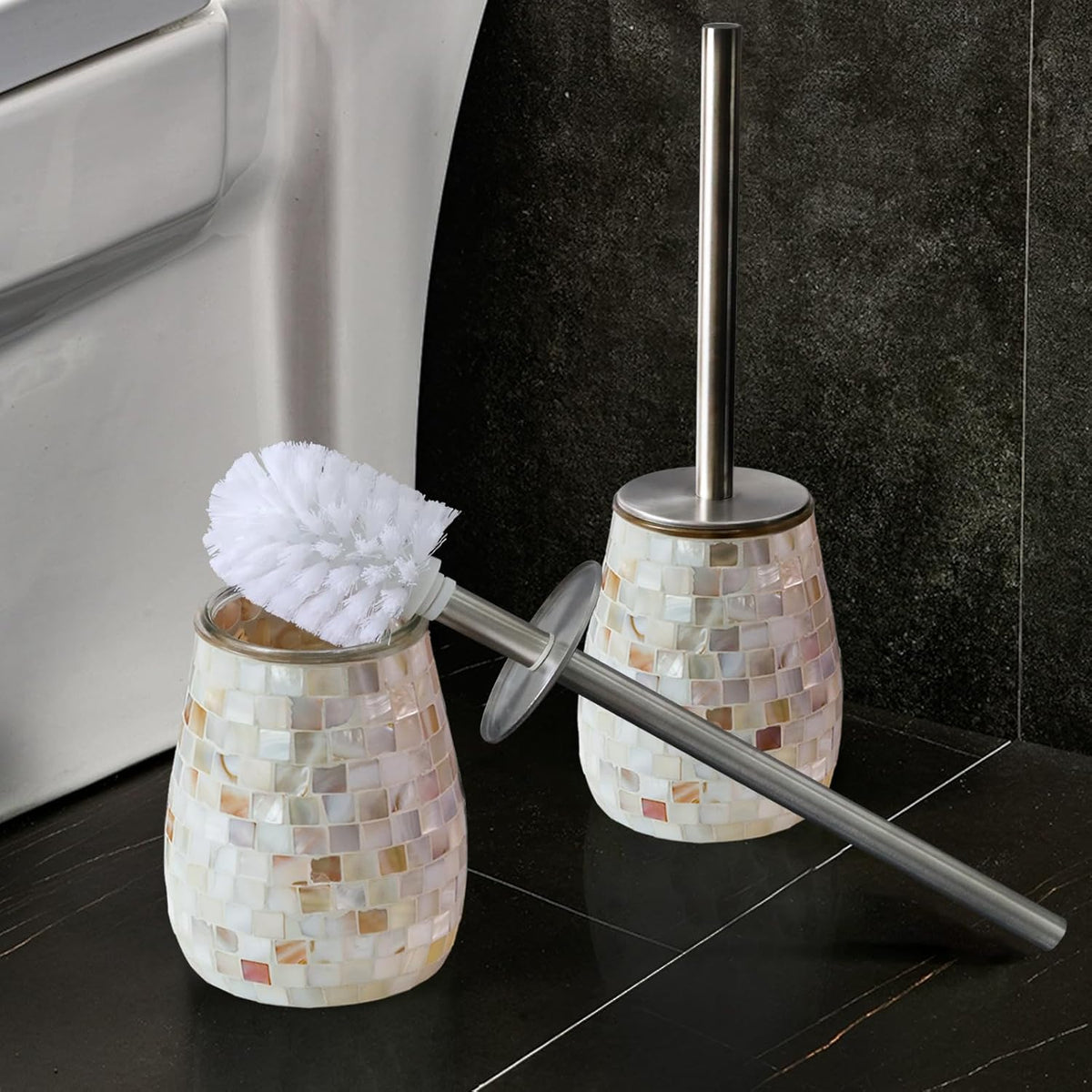WDHODEC Natural Shell Toilet Brush and Holder Set Mosaic Glass, Stainless Steel Toilet Scrubber