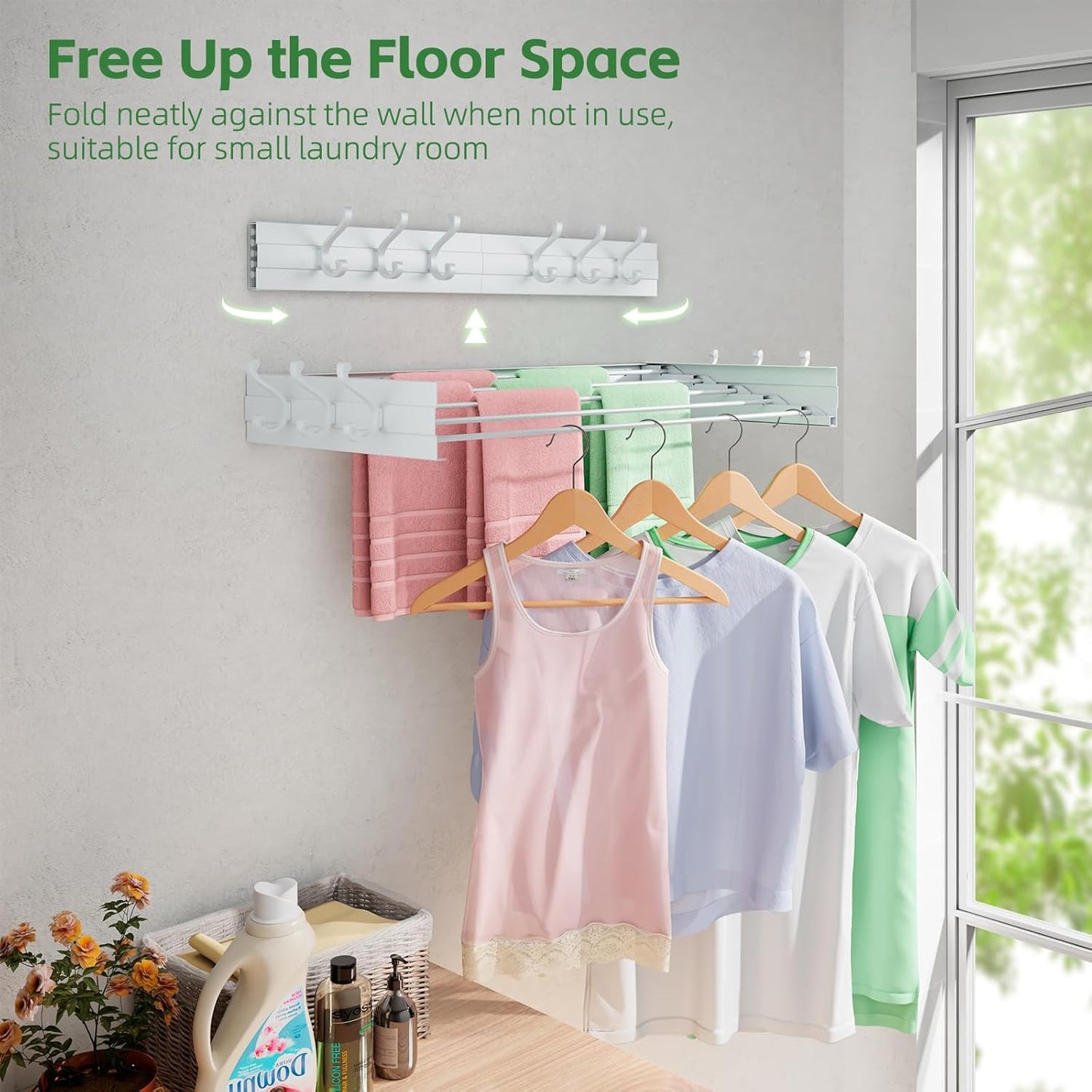 Wall Mounted Drying Rack 31.5", Foldable Clothes Drying Rack with 6 Towel Hooks and 5 Rods for