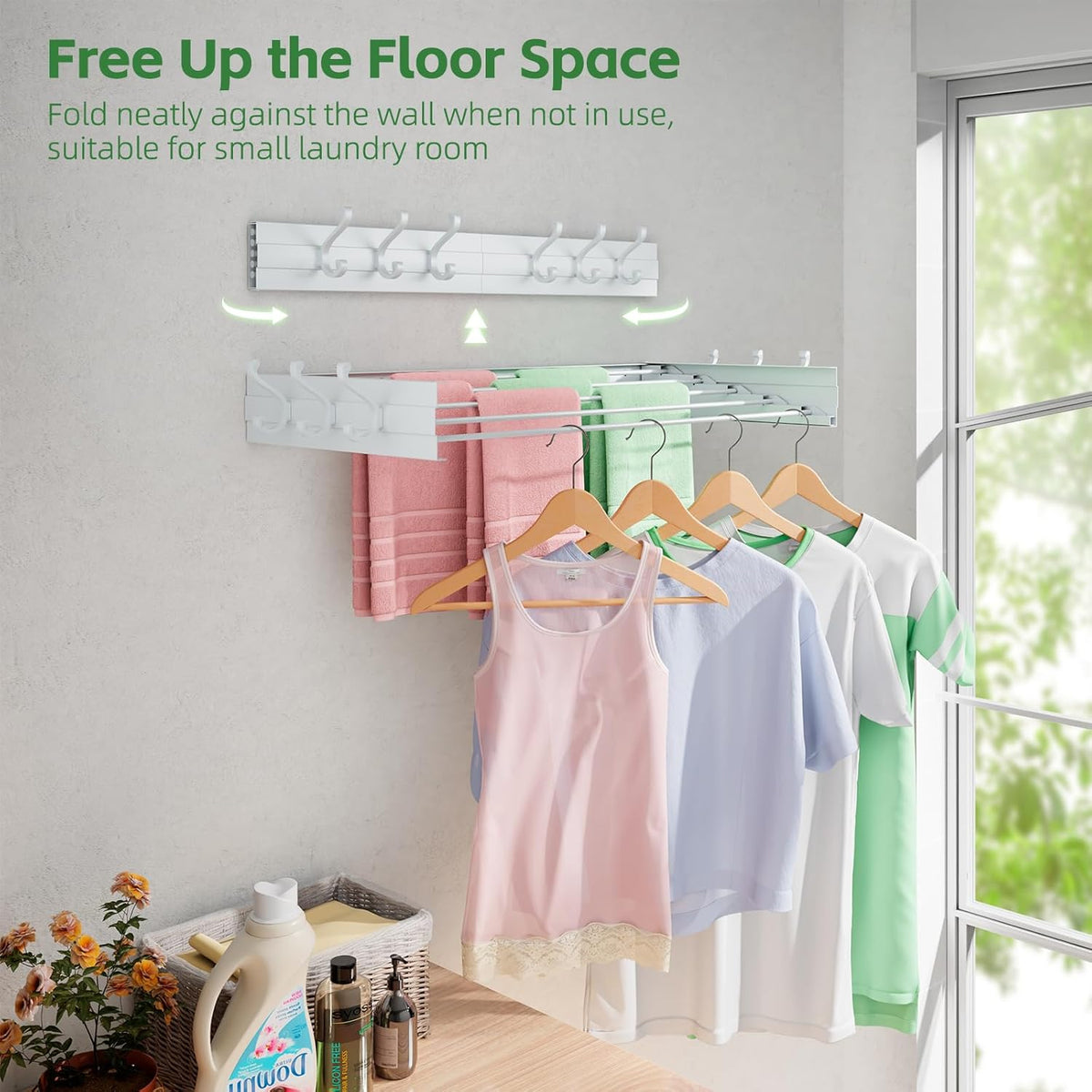 Wall Mounted Drying Rack 31.5", Foldable Clothes Drying Rack with 6 Towel Hooks and 5 Rods for