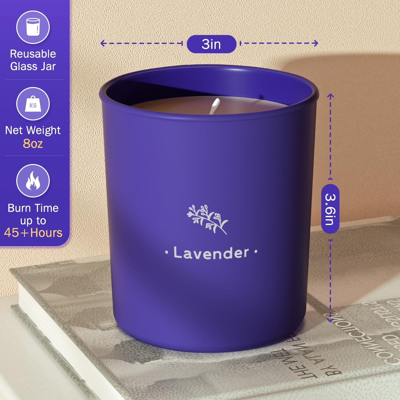 Lavender Scented Candle, 8 oz Soy Wax Jar Candle for Women, 45 Hour Burn