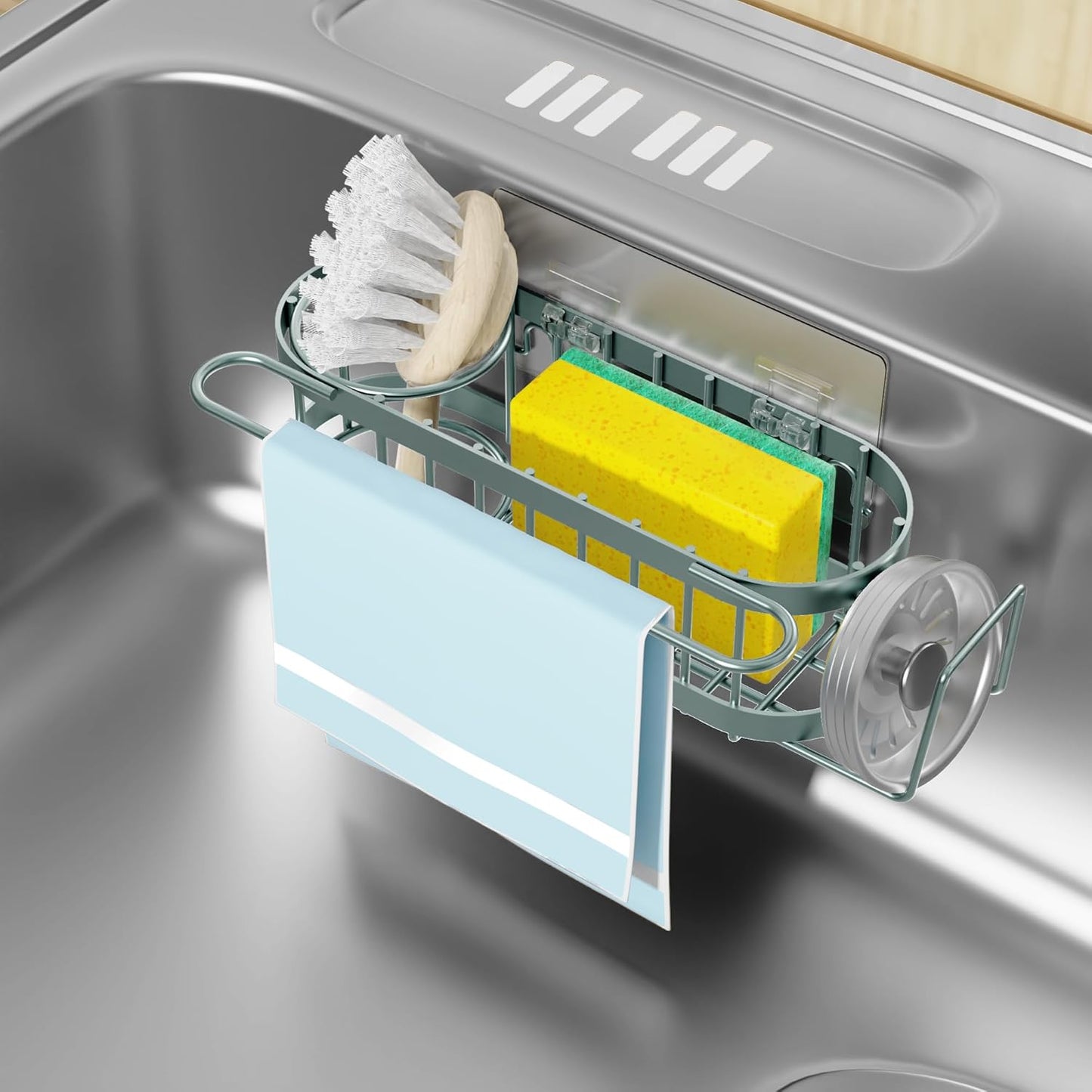 Cisily Sage Green Kitchen Sink Caddy Sponge Holder in the Sink, Stainless Steel Kitchen Organizer