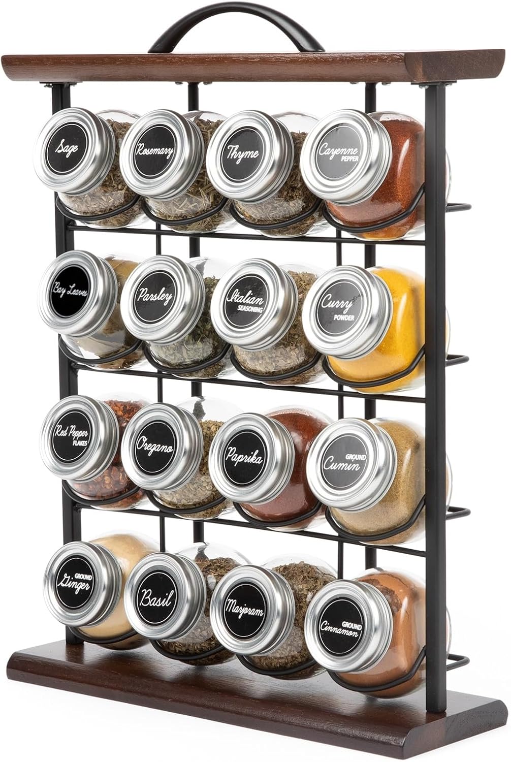 Orii 16 Jar Acacia Wood & Metal Wire Spice Rack with Spices Included, Storage for Spices and