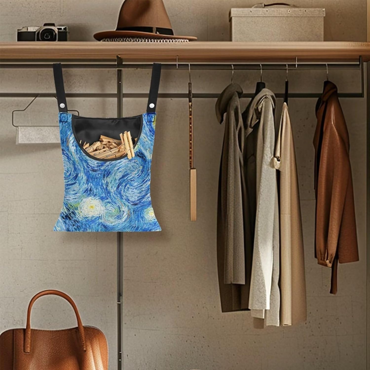 Clothes Pin Bag Clothespin Storage 14.5x12in - Creative Starry Night Print Oversized Windproof Bag