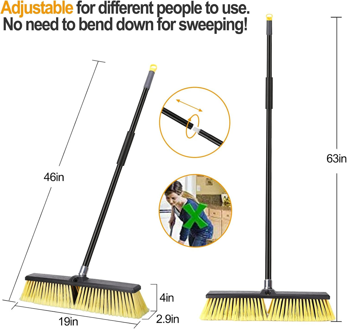 18 Inches Push Broom Outdoor- Heavy Duty Broom with 63" Long Handle for Deck Driveway Garage Yard
