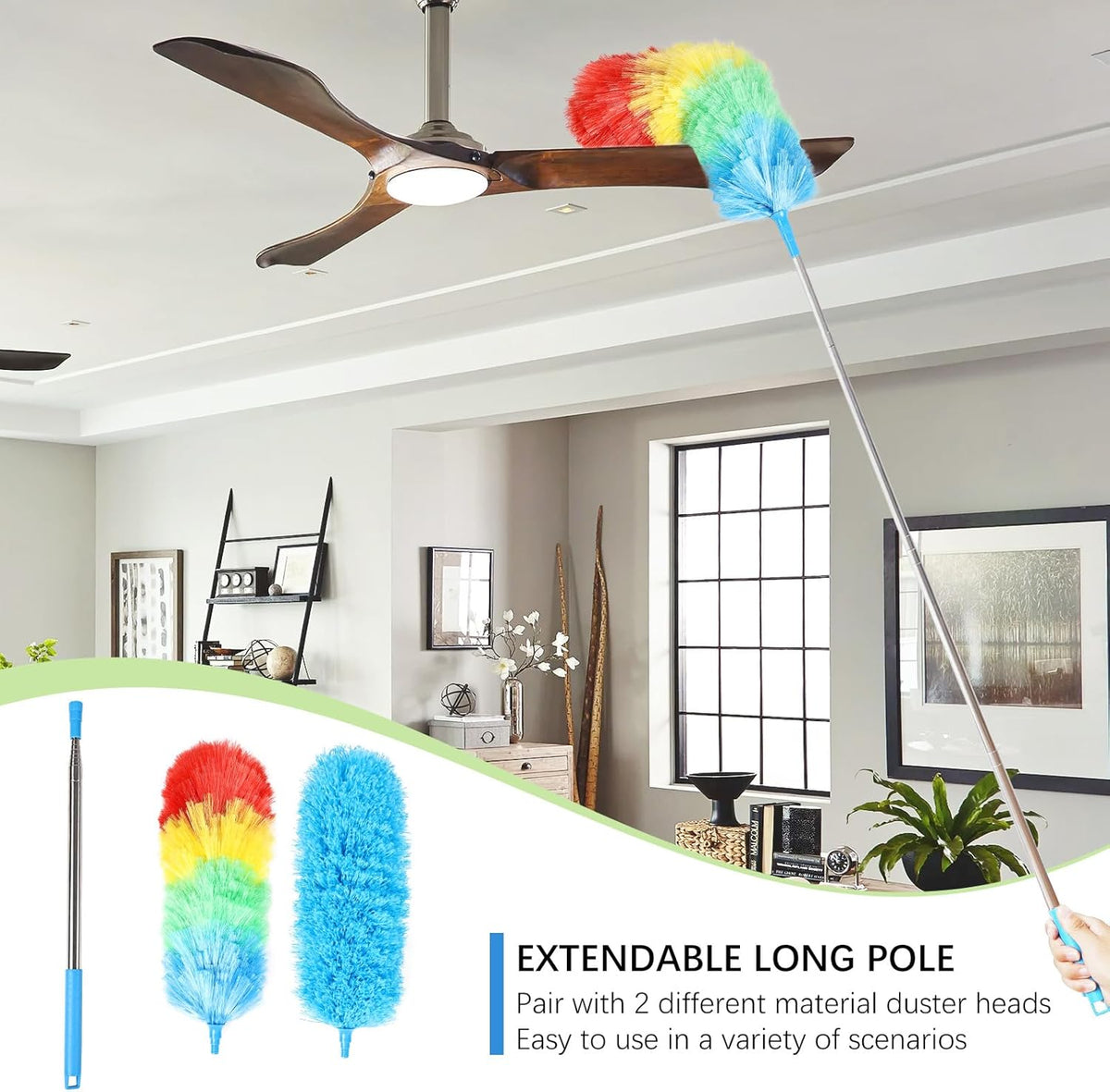 Rainbow Extendable Static Duster Reusable Microfiber Duster with 100" Telescoping Pole, Beandable