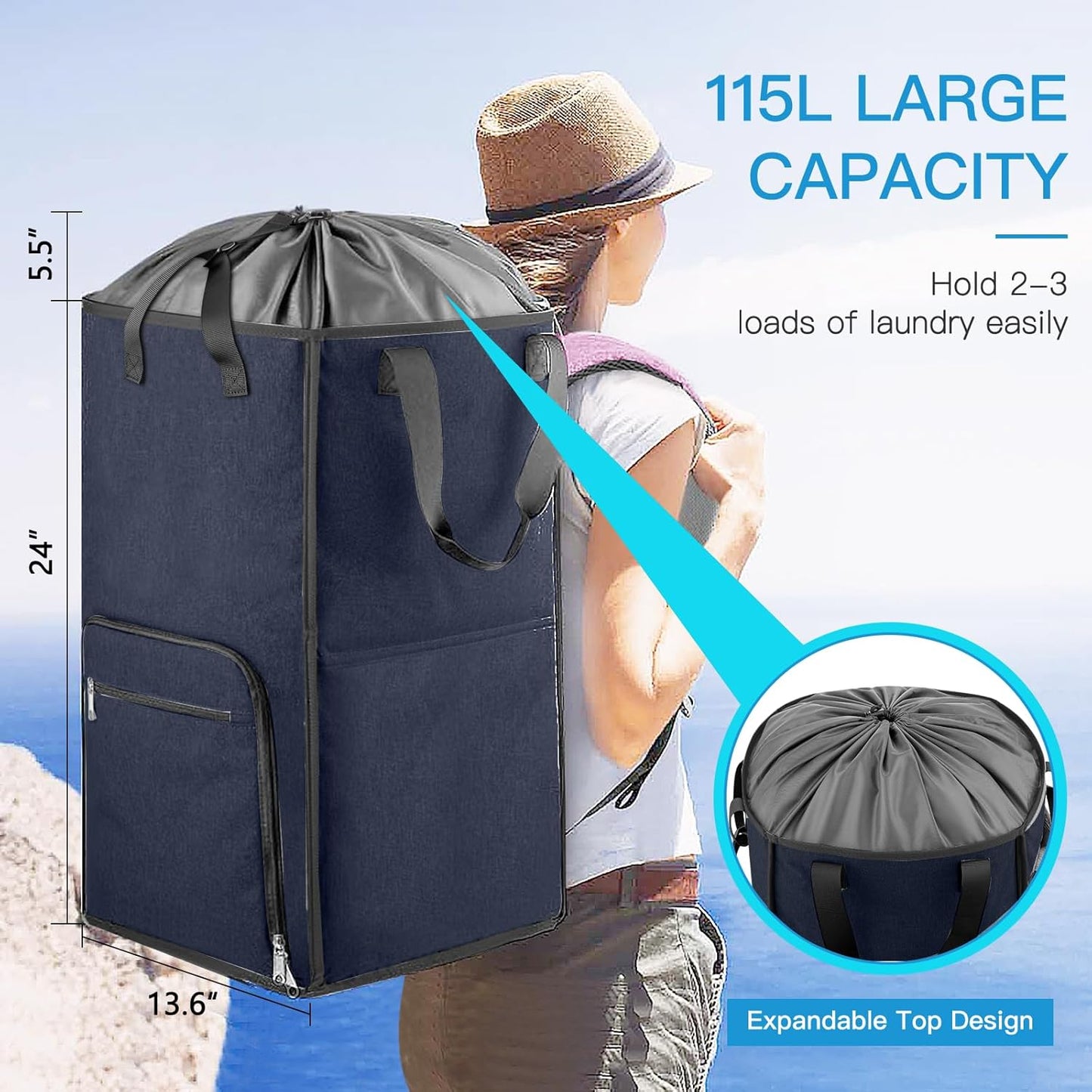 Bukere Laundry Basket, Laundry Backpack Bag for Guys Girls Boys, 2 in 1 Laundry Hamper for College