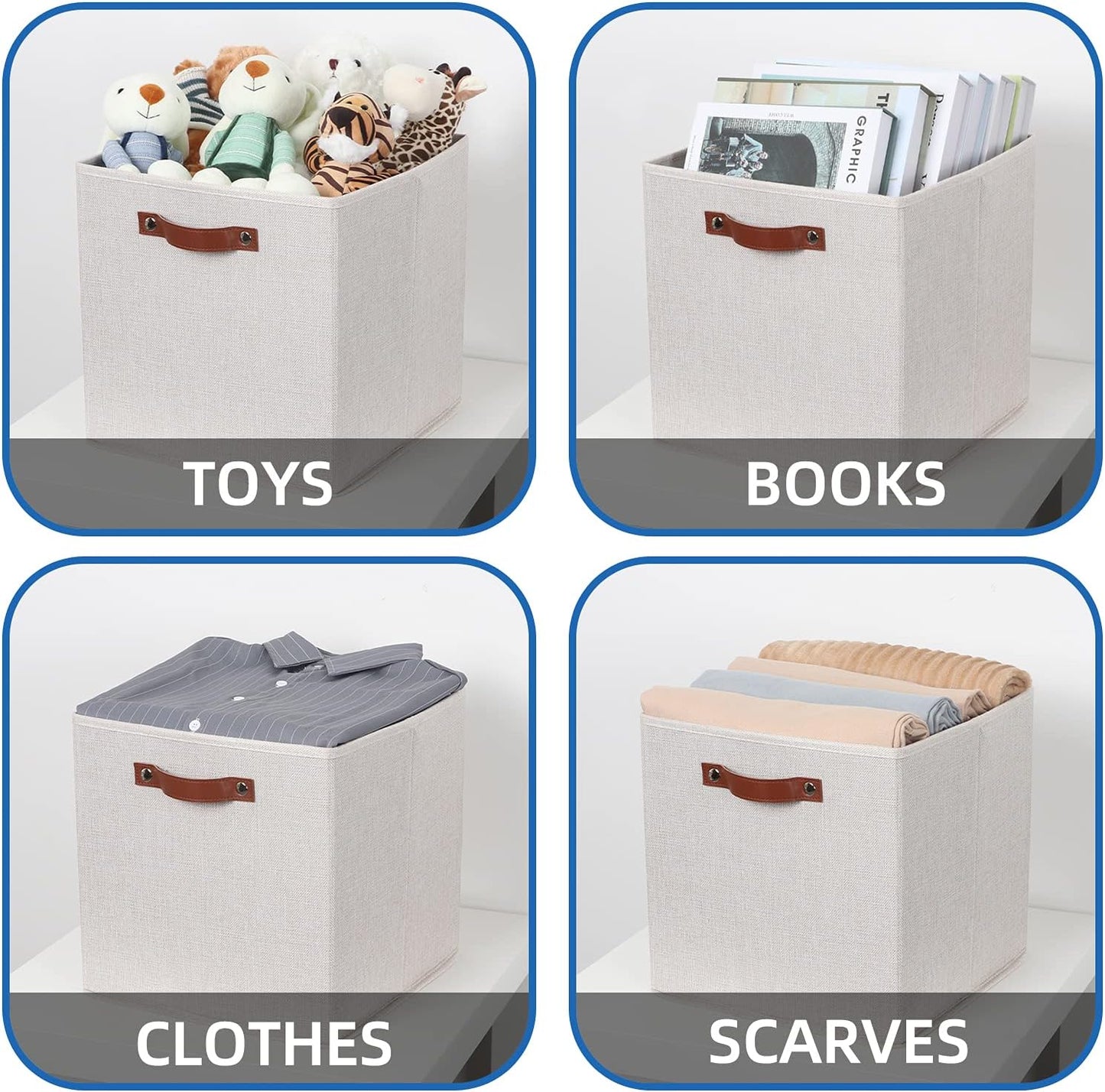 Temary Fabric Storage Cubes Storage Bins with Dual Leather Handles, 4 Pack Cube Baskets 13x13