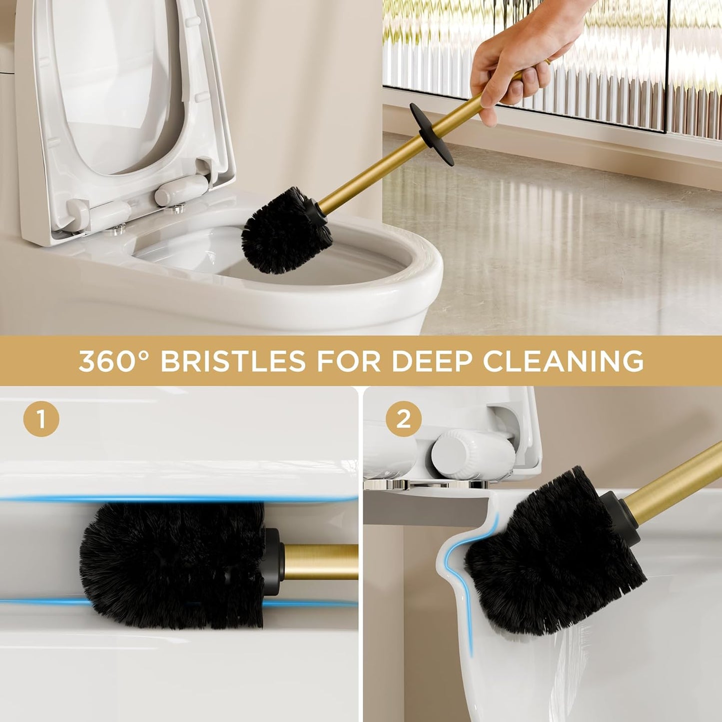FORIOUS Toilet Brush and Holder Set, Heavy Duty 304 Stainless Steel Base Square and Long Handle for