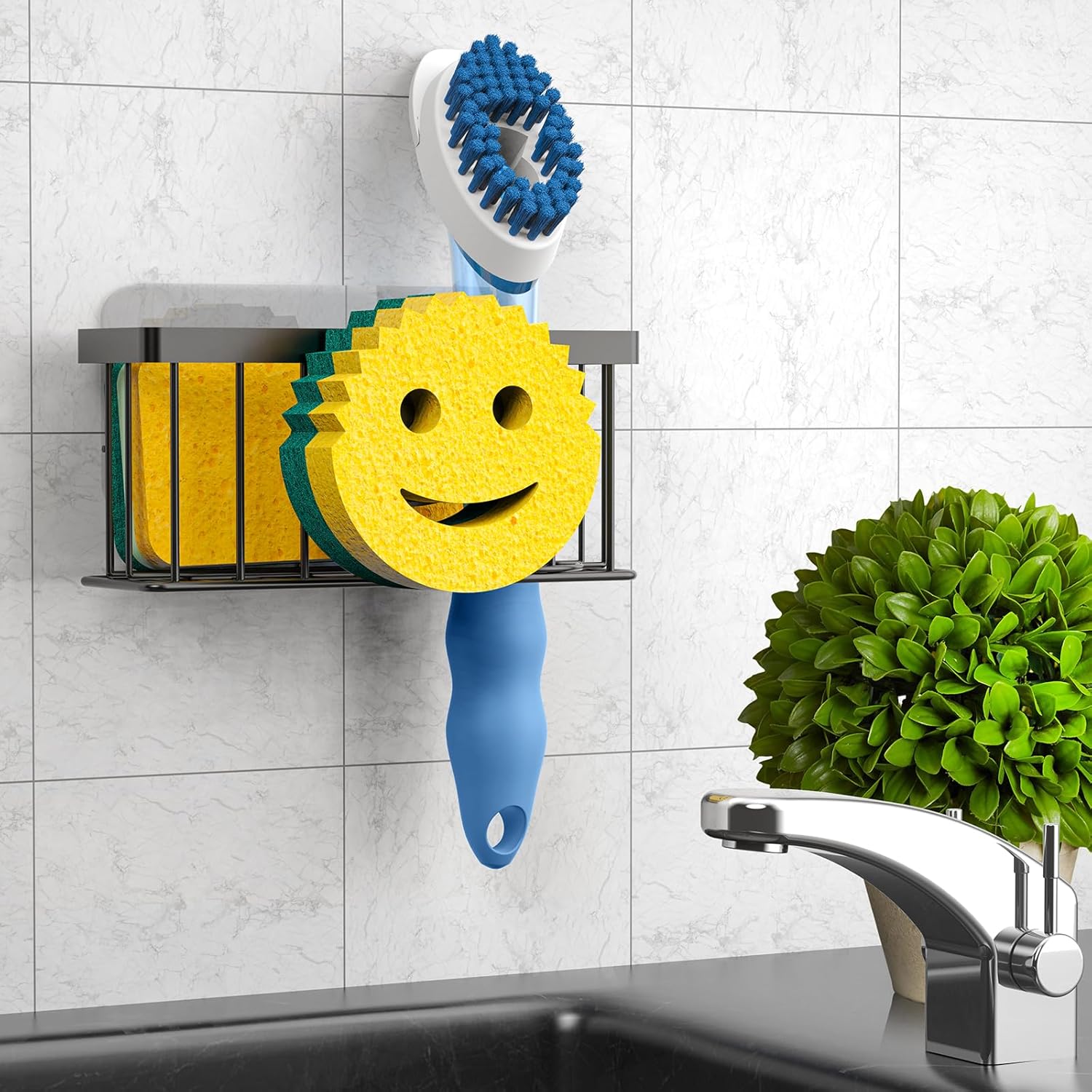 Sponge Holder Smiley Face,Sink Caddy,Sink Organizer with 2 Suction Cups/1 Adhesive Strips,Designed