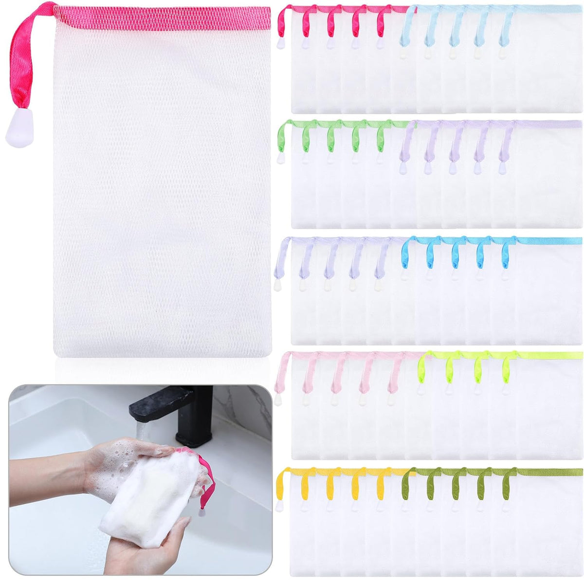 Sunnyray 50 Pcs 10 Colors Soap Bag Soft Handmade Soap Bubble Mesh Bags Exfoliating Mesh Pouch with