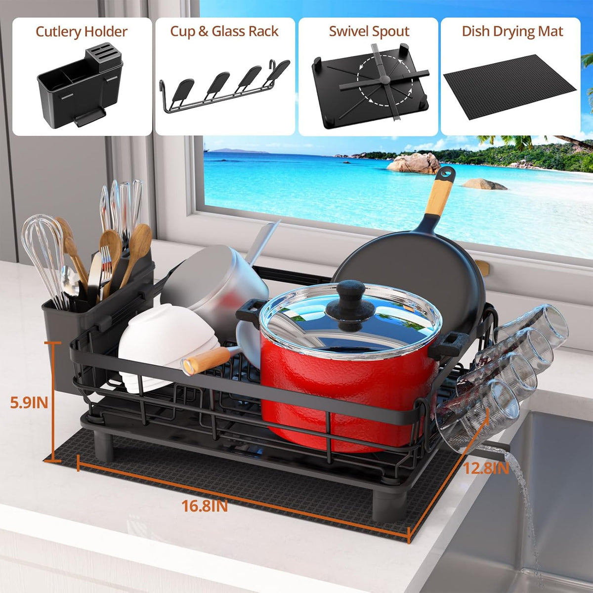 Godboat Dish Drying Rack, Dish Rack with Auto-Drain & Mat, Dish Drainers for Kitchen Counter, Glass