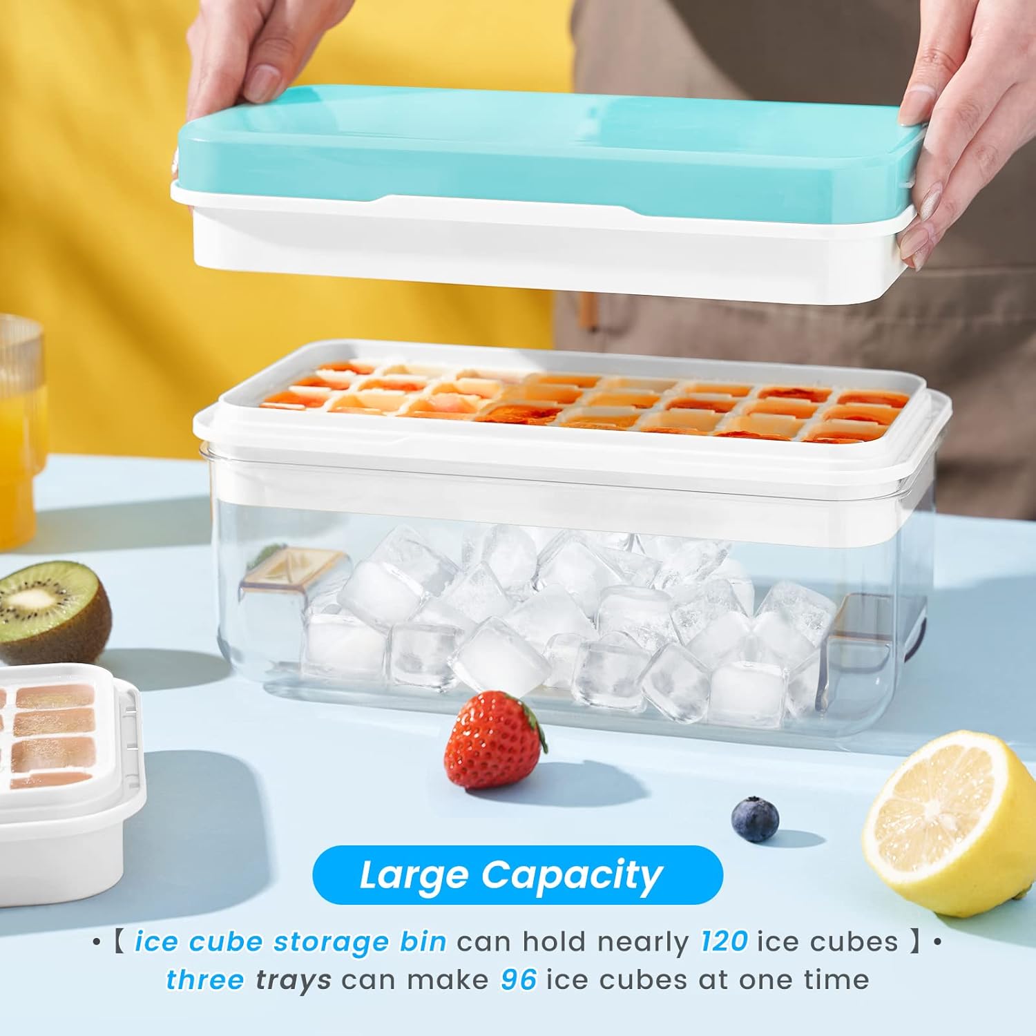 PHINOX Ice Cube Tray with Lid and Bin, 3 Pack Plastic Ice Cube Tray Molds, 96(4 * 8 * 3) pcs Ice