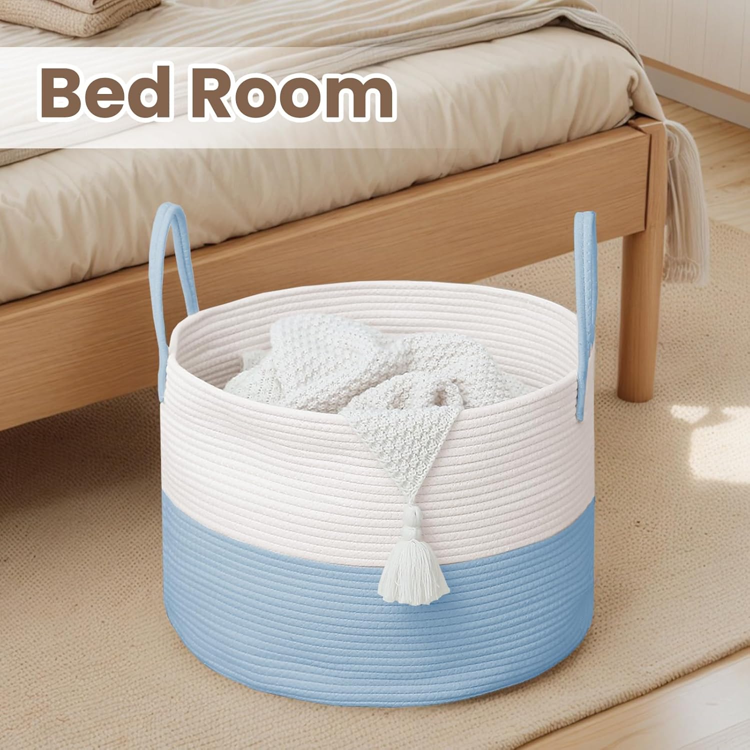 Woven Blanket Basket,65L Large Rope Storage Bin with Handles, Organizer for Blankets Toys Book and
