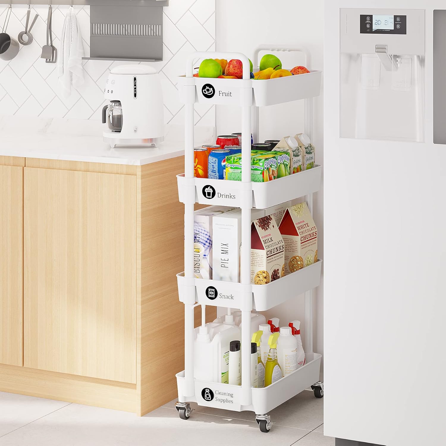 Laiensia 4-Tier Storage Cart,Multifunction Utility Rolling Cart Kitchen Storage Organizer,Mobile