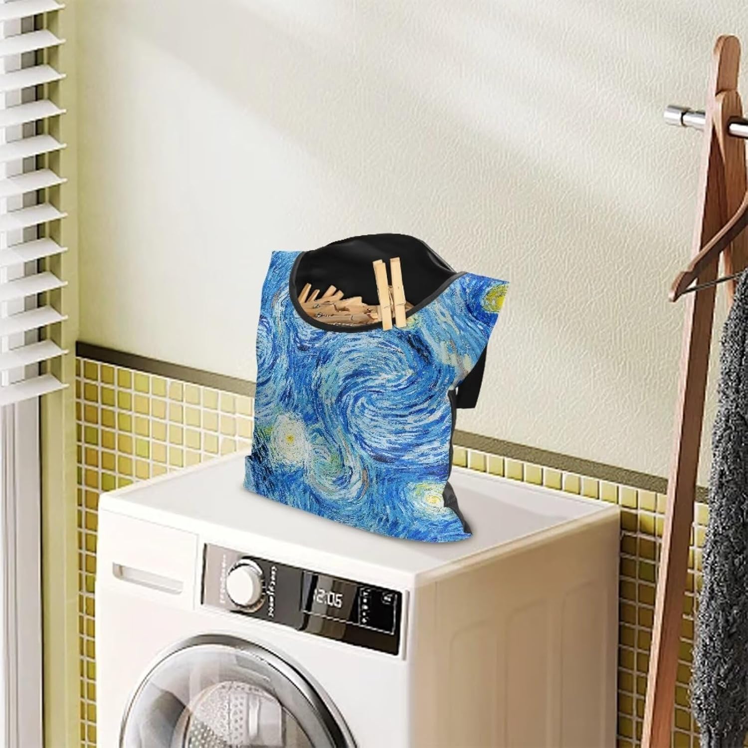 Clothes Pin Bag Clothespin Storage 14.5x12in - Creative Starry Night Print Oversized Windproof Bag