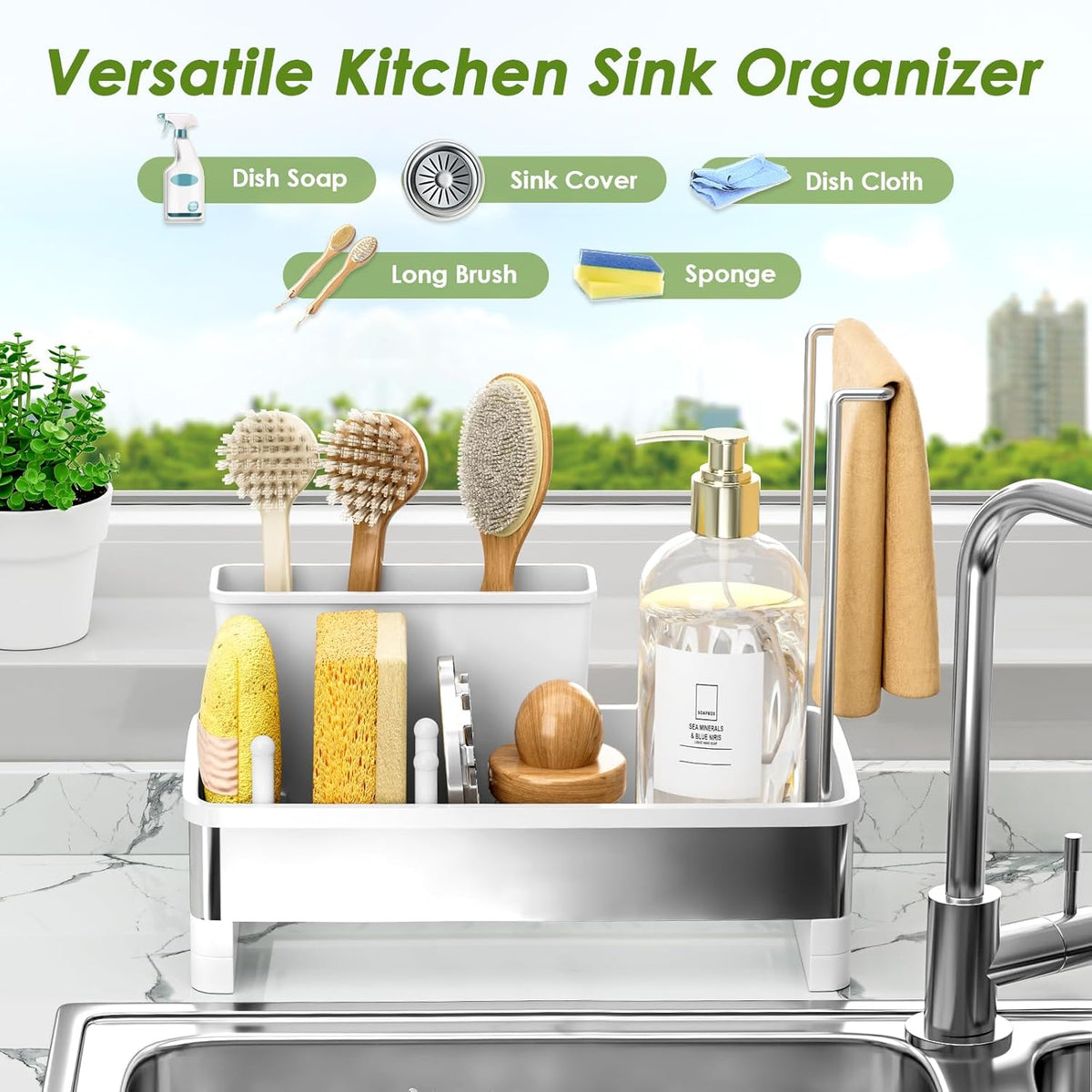 Stainless Steel Sink Caddy, Sponge Holder for Kitchen Sink with Brush Holder & Dishcloth Rack