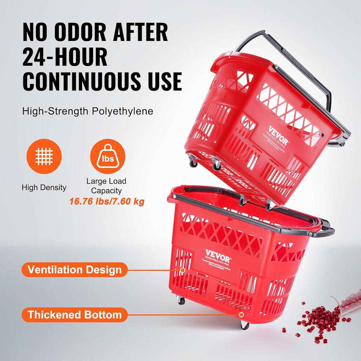 VEVOR Shopping Carts with Handles, 6PCS, 39L Plastic Rolling Shopping Basket with Wheels, Large