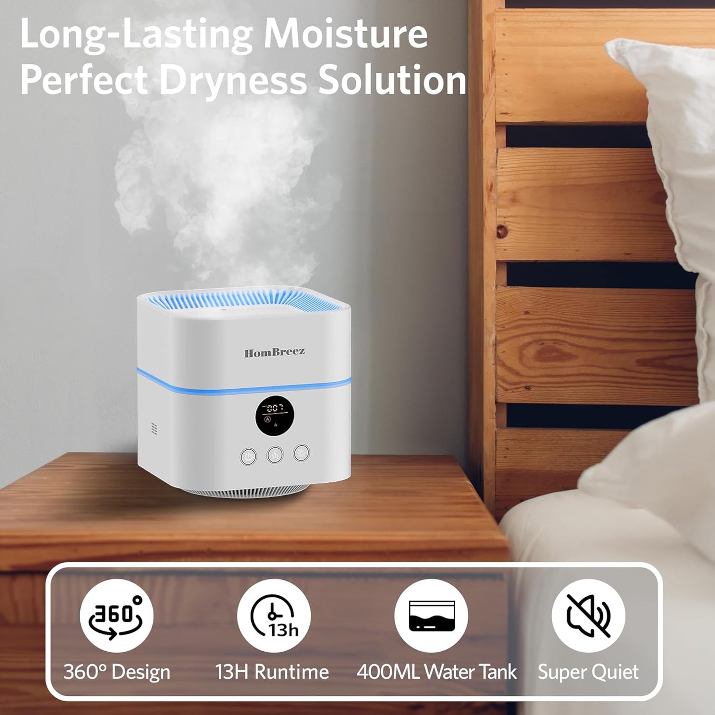 Air Purifier and Humidifier Combo for Bedroom, Covers Up to 200ft², H13 True HEPA Filter, 500ML
