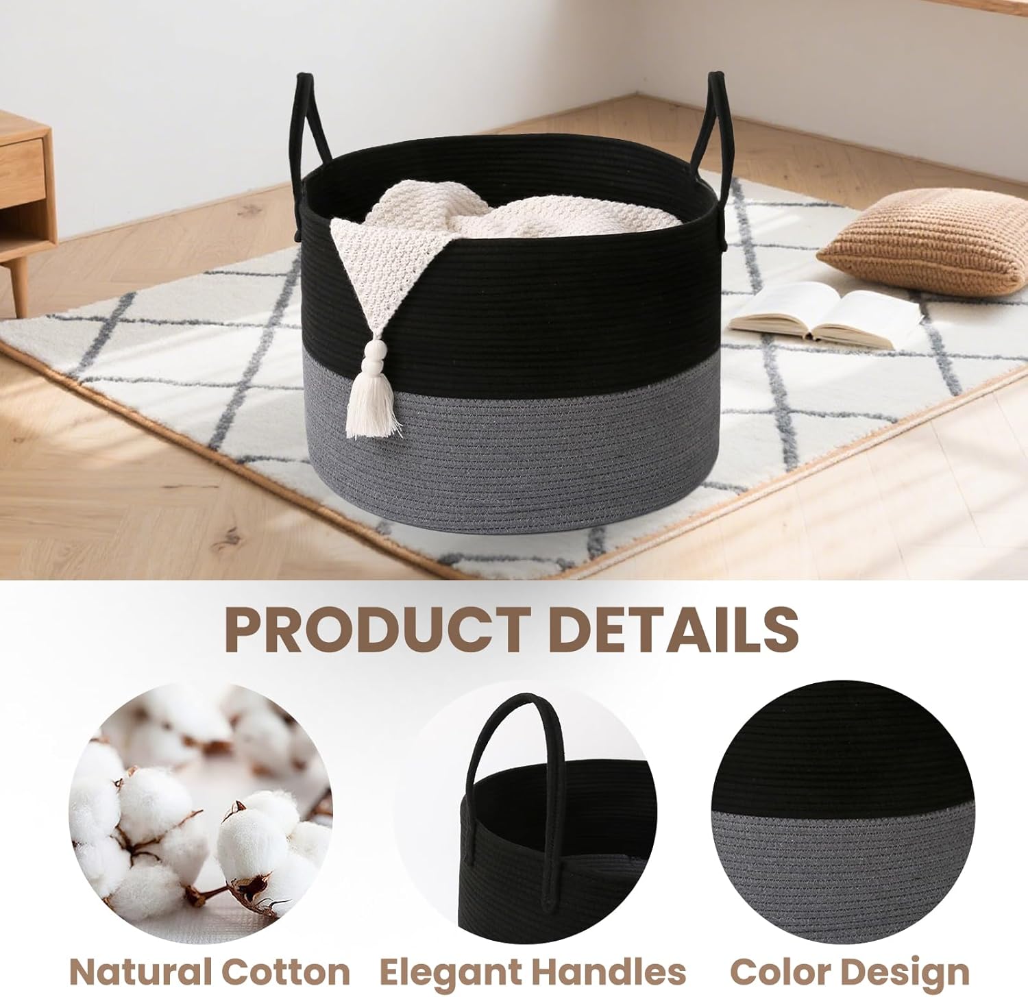 Woven Blanket Basket,65L Large Rope Storage Bin with Handles, Organizer for Blankets Toys Book and