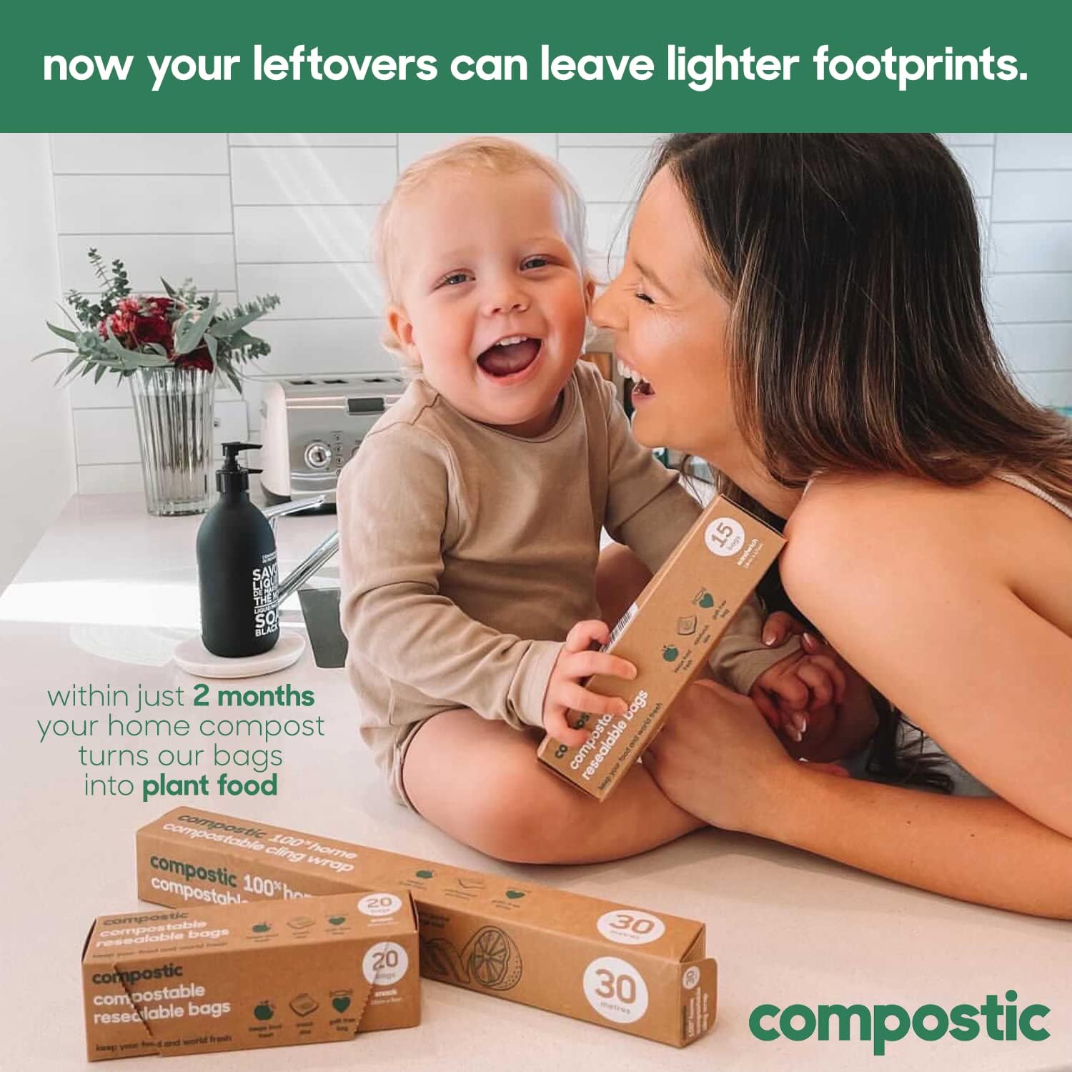 Compostic Home Compostable Resealable Sandwich Bags (7"x7"), Microwave & Freezer Safe, Organic Food