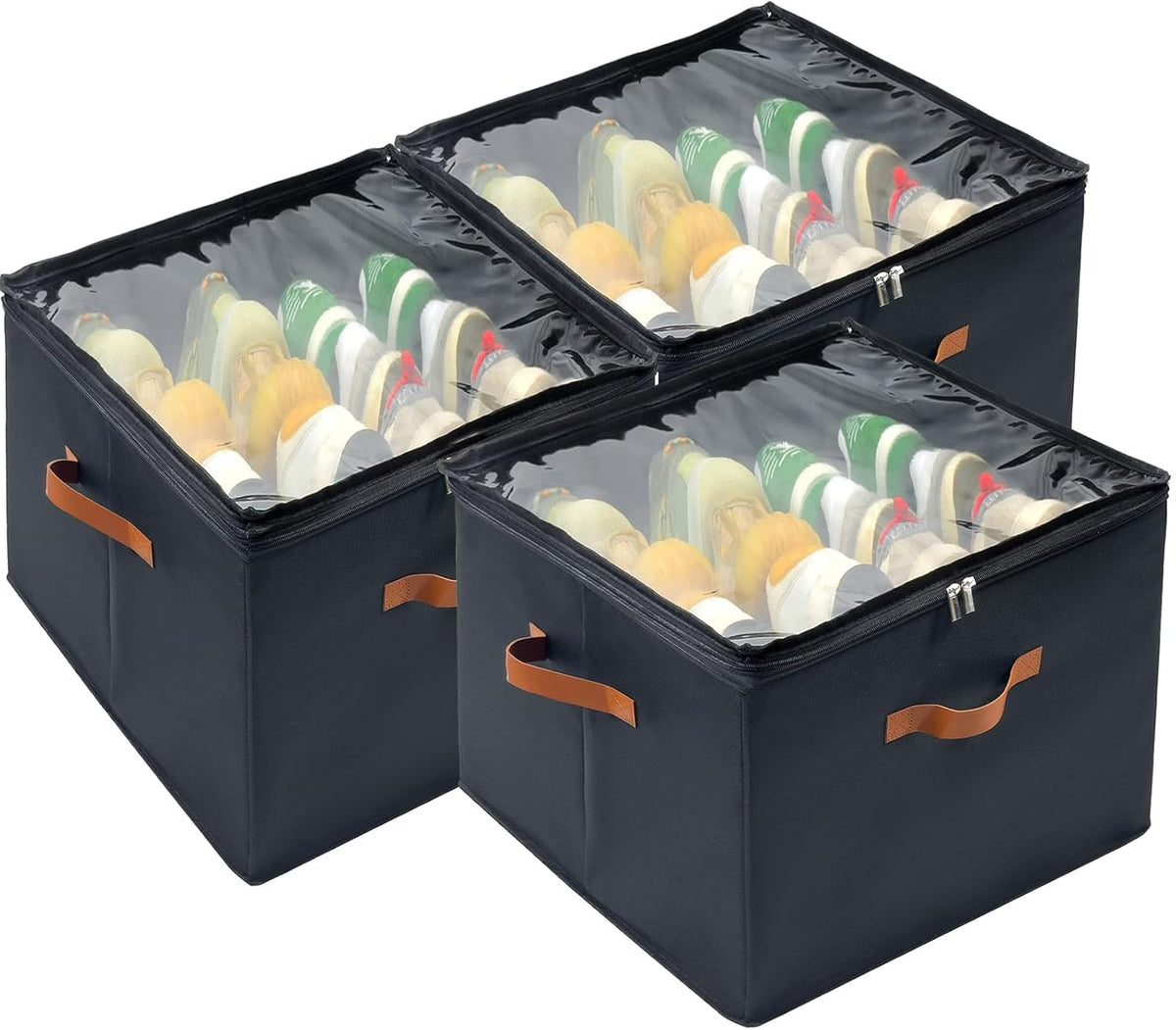 Shoe Organizer for Closet, 3 Pack Shoe Storage Bins with Clear Cover, Adjustable Dividers Fits