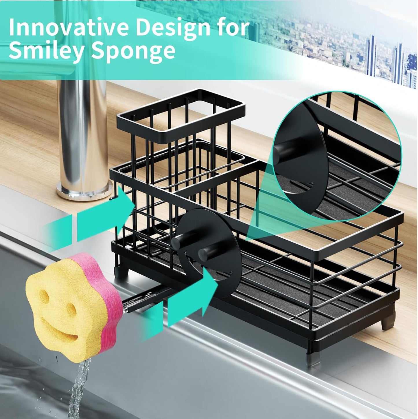 HapiRm Sponge Holder for Kitchen Sink - Self-draining Sink Caddy with Smiley Face and Brush Holder