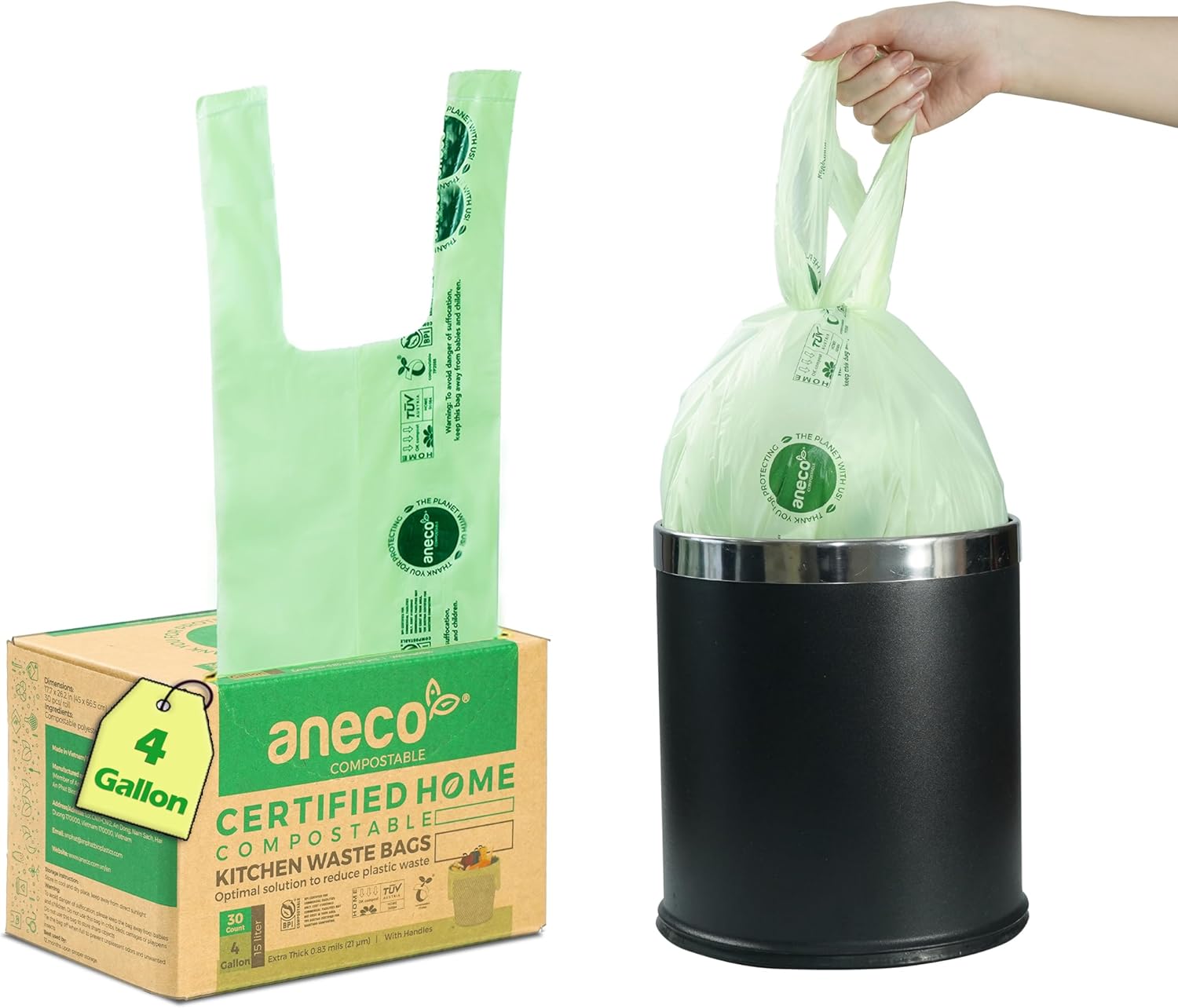 ANECO 4 Gallon Compostable Food Waste Bags with Handles, Extra Thick Compost Bags for Medium