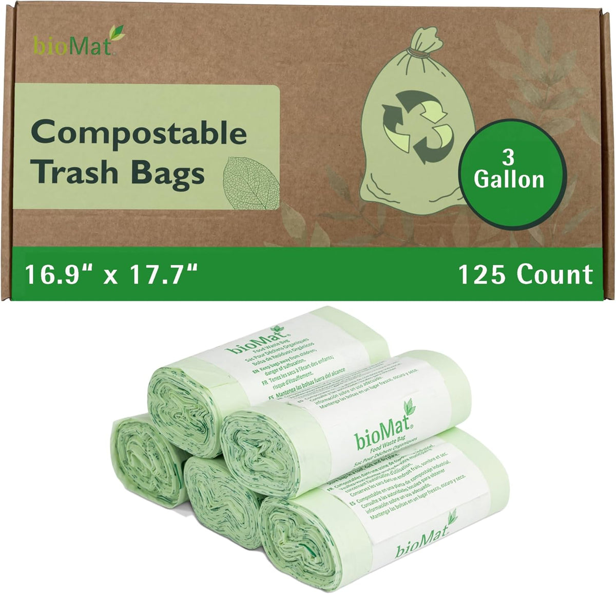 bioMat 3 Gallon Compost Bags, 125 Count, Compostable Trash Bags for Kitchen Compost Bin, BPI ASTM