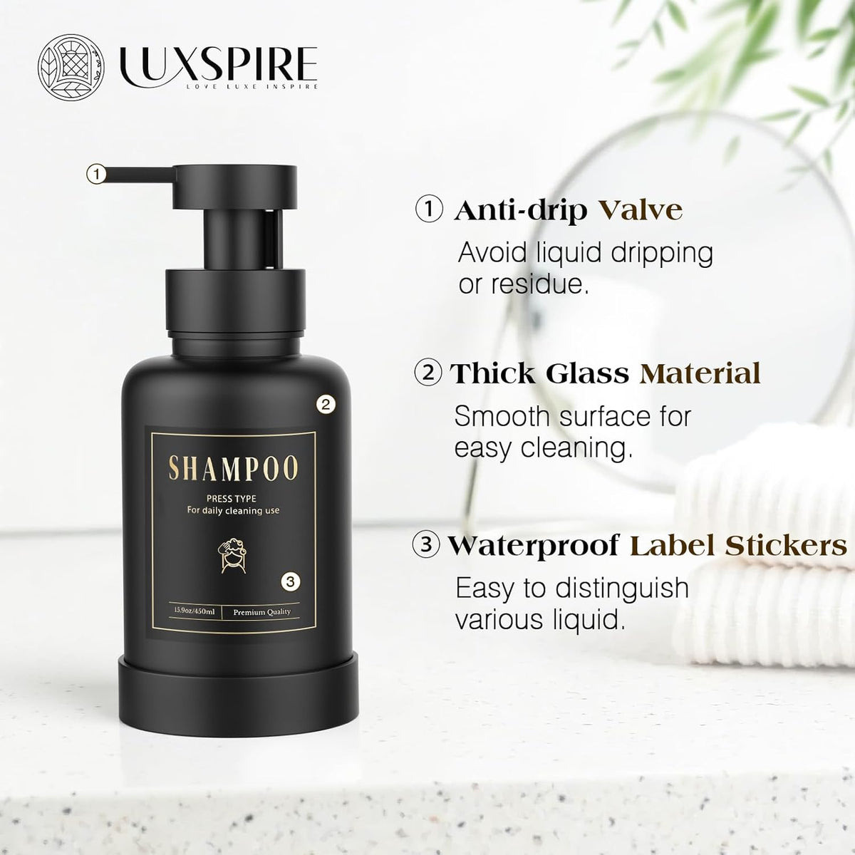 Luxspire Foaming Soap Dispenser, Glass Foam Pump Soap Dispenser, Non-Slip Silicone Sleeve & 5