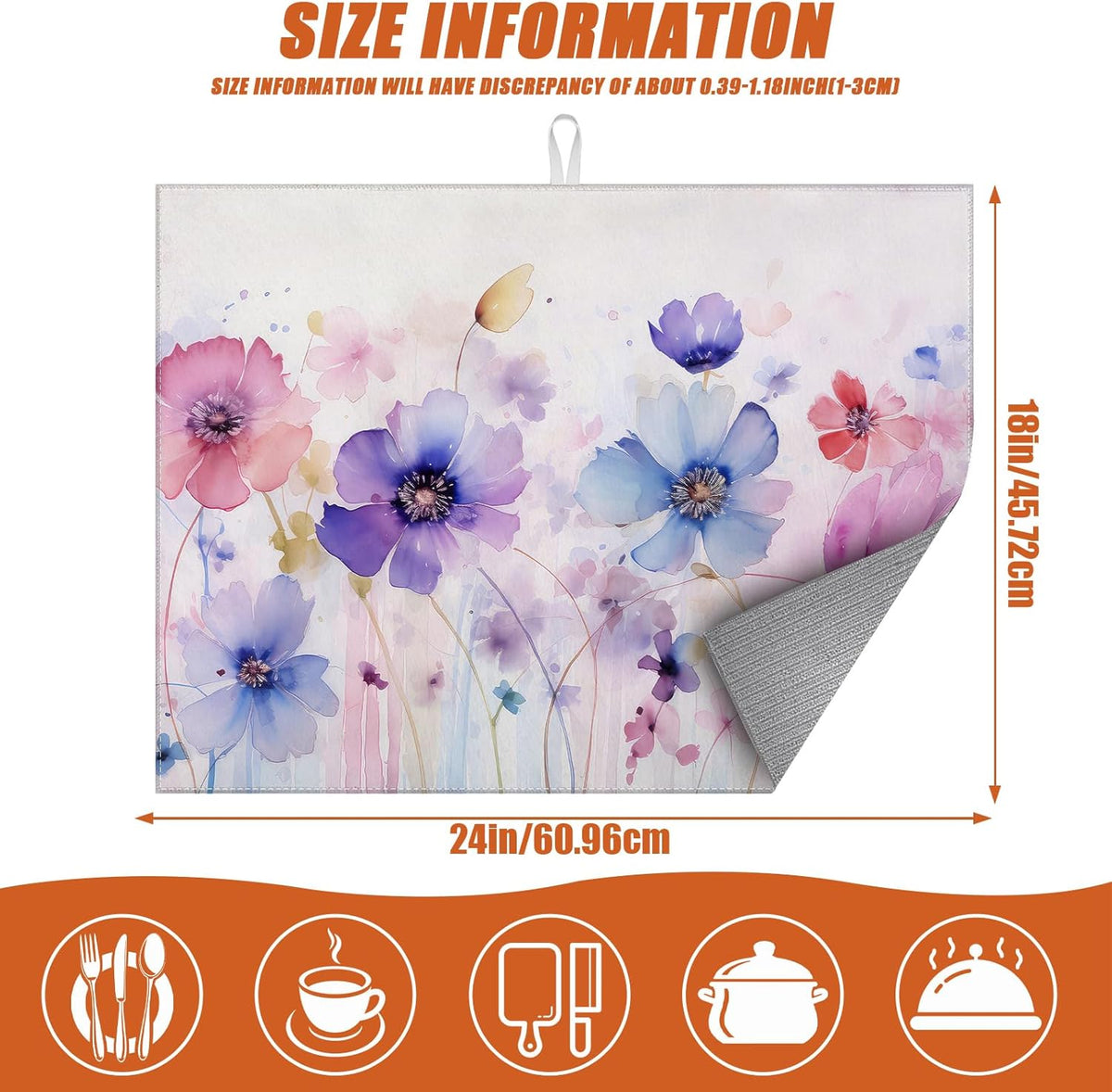 Watercolor Flowers Dish Drying Mat for Kitchen Counter Microfiber Absorbent Dish Kitchen Drying Mat