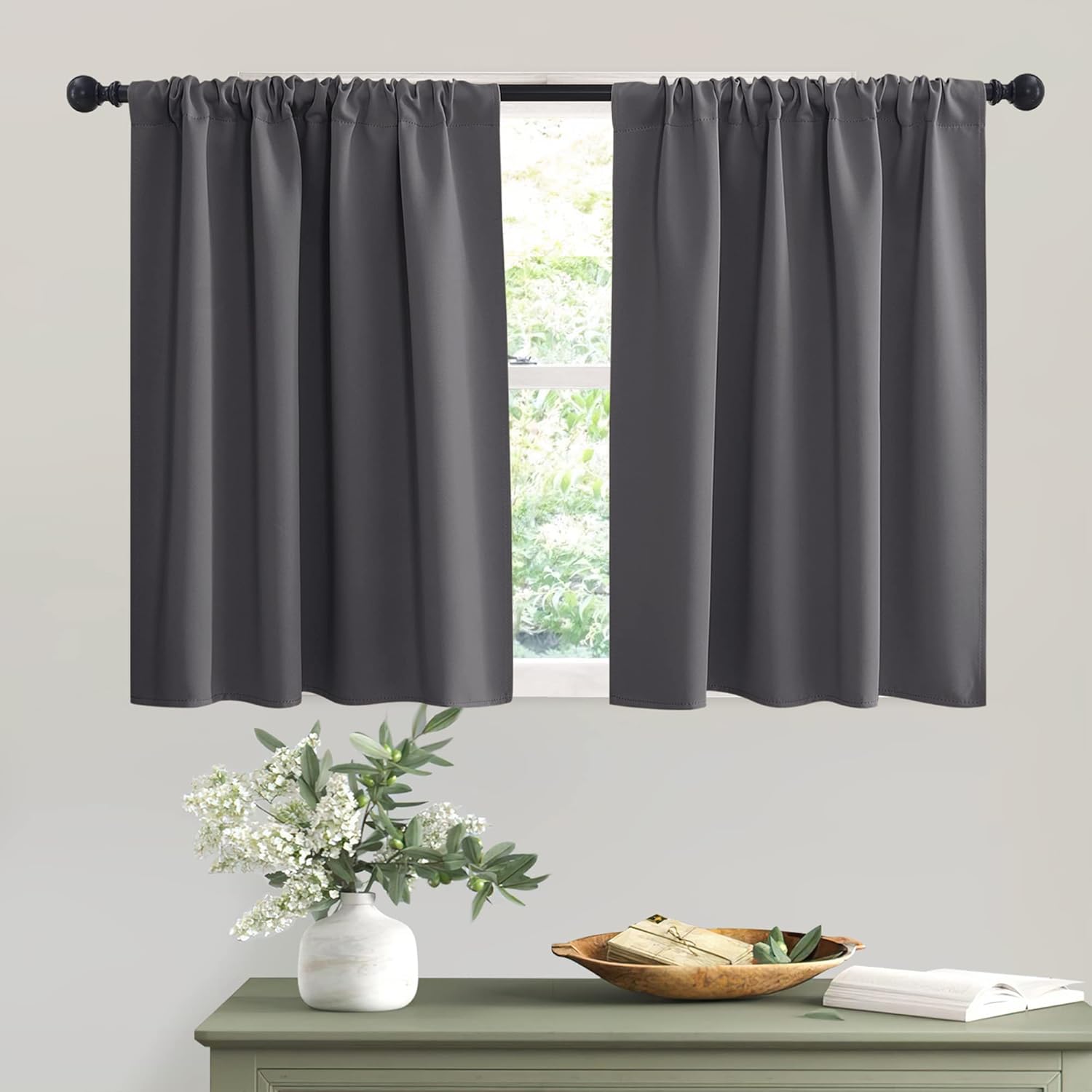 RYB HOME Short Curtains Gray Half Window Curtains for Bedroom, Privacy Curtain Tiers for Windows
