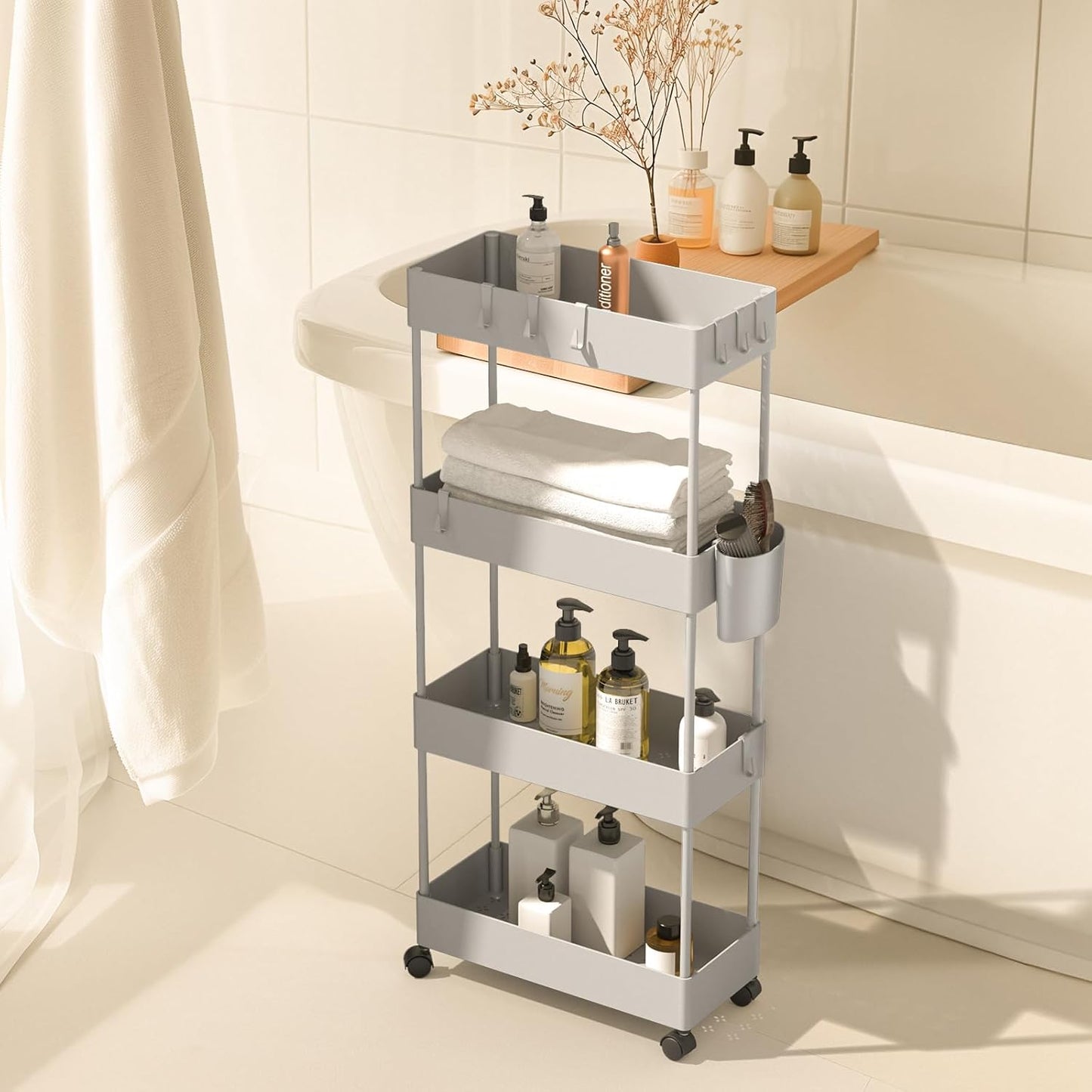 Pipishell Slim Storage Cart with Wheels, 4 Tier Bathroom Storage Organizer Rolling Utility Cart for