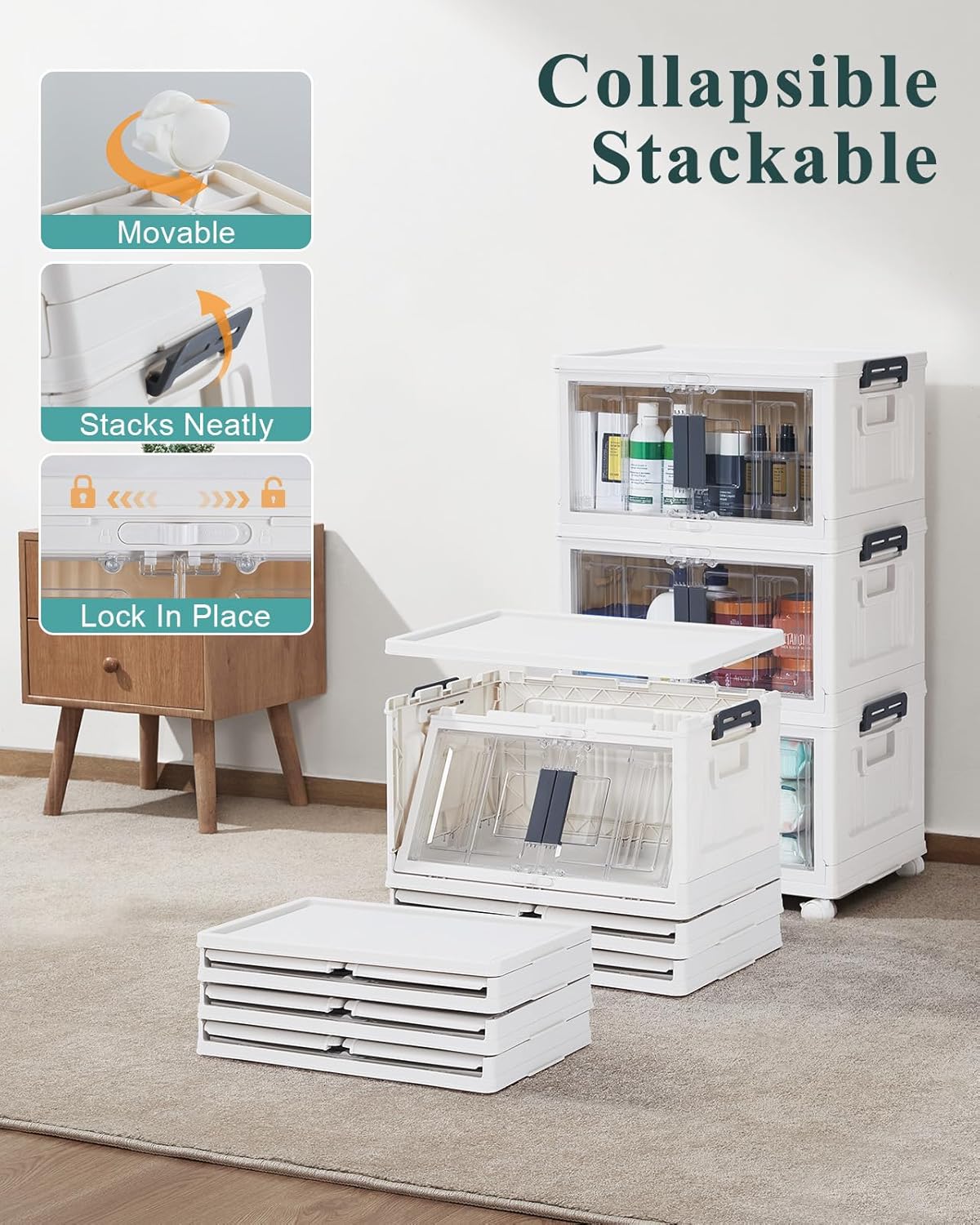 OlarHike 23QT Stackable Storage Bins with Lids - Folding Storage Box with Doors and Wheels