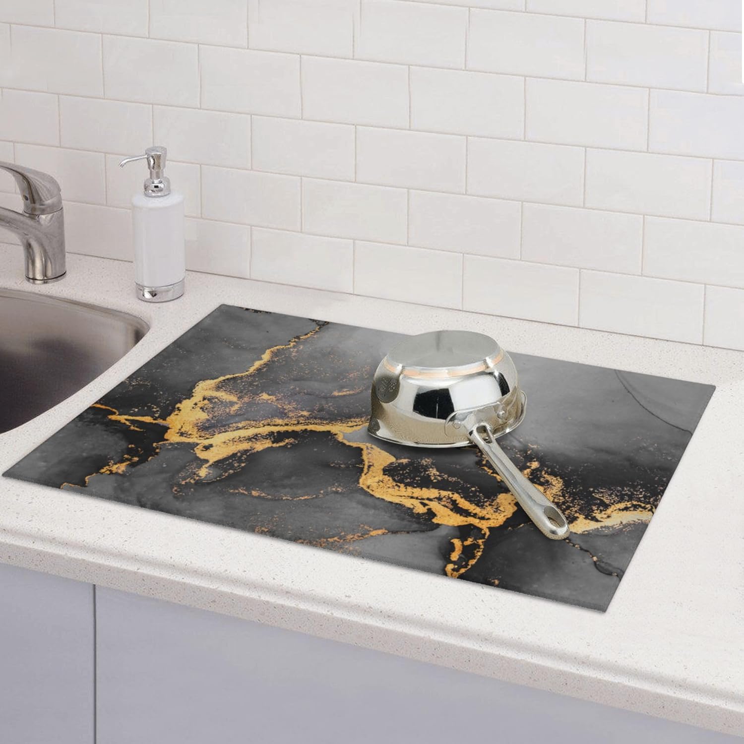 Black Gray Gold Marble Kitchen Drying Mat Abstract Modern Microfiber Dish Drainer Mat for Kitchen