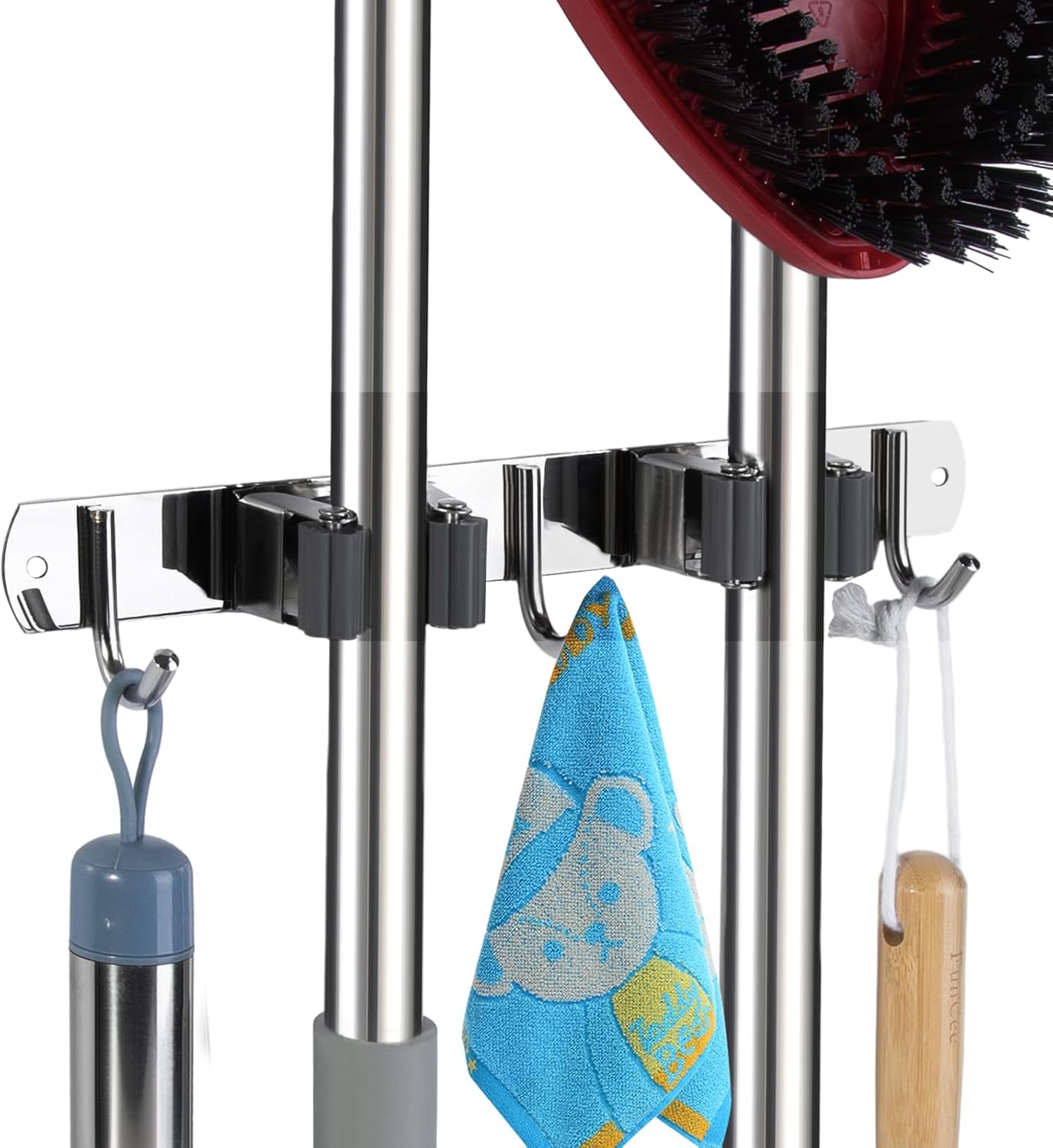 voze 2 Racks and 3 Hooks Mop and Broom Holder Wall Mount, Self Adhesive Heavy Duty Broom Organizer