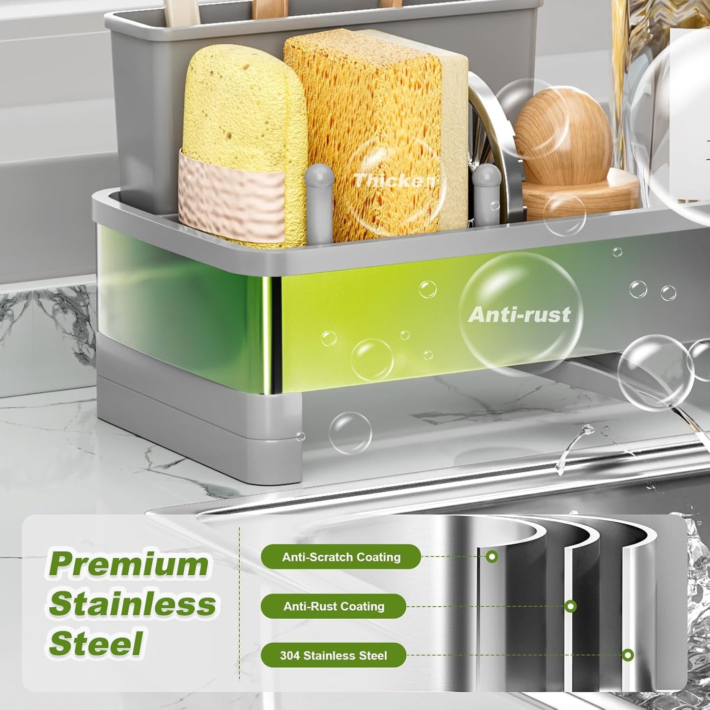 Stainless Steel Sink Caddy, Sponge Holder for Kitchen Sink with Brush Holder & Dishcloth Rack