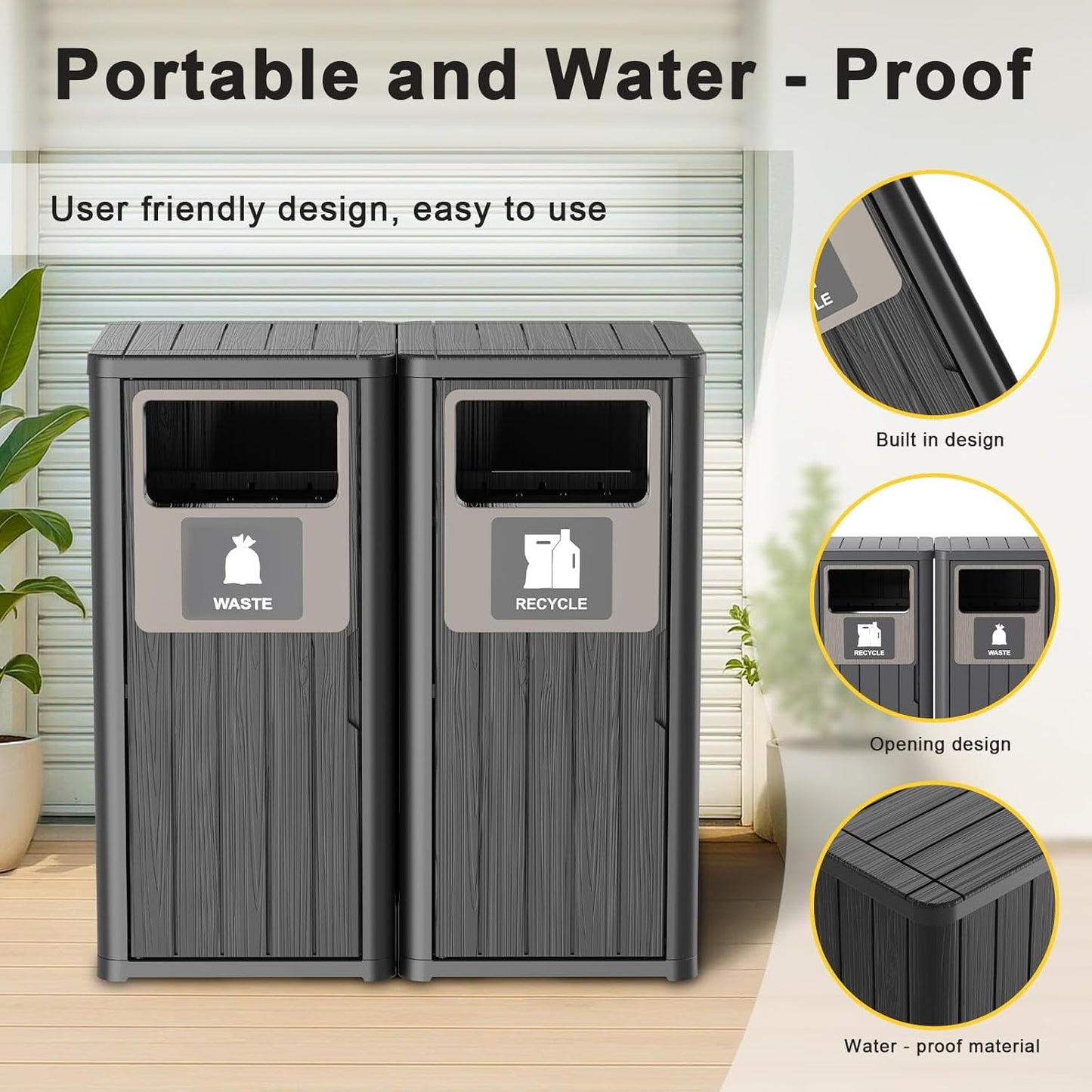 Outdoor Double Barrel Trash Can,Waterproof Resin Garbage Can with Garbage Labels,Durable Waste Bin