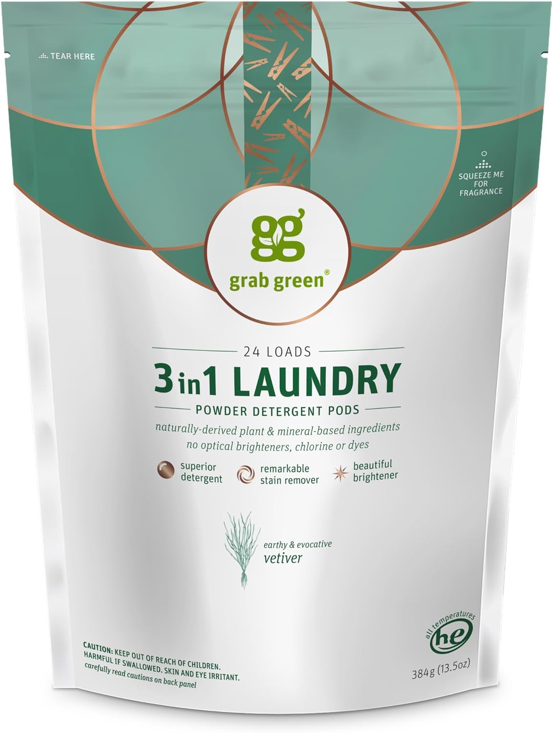 Grab Green 3-in-1 Laundry Detergent Pods, 24 Count, Vetiver Scent, Plant and Mineral Based