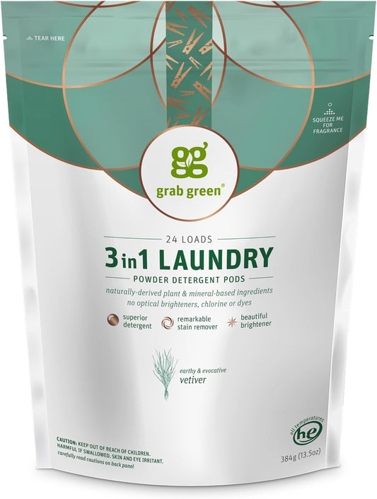 Grab Green 3-in-1 Laundry Detergent Pods, 24 Count, Vetiver Scent, Plant and Mineral Based