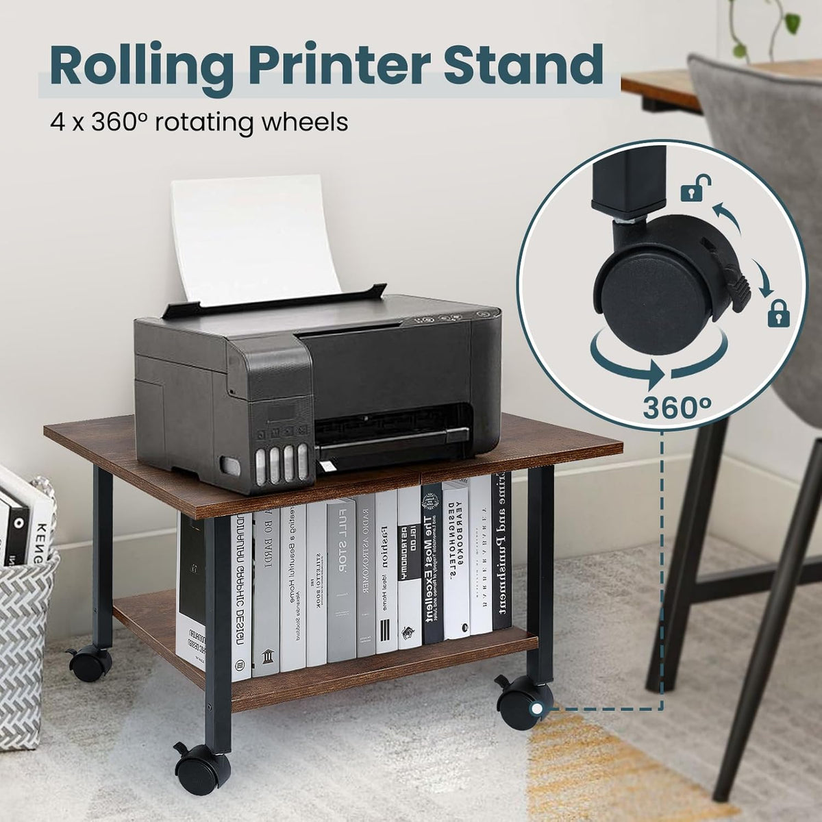 Printer Stand with Storage Under Desk Shelf, Desktop Printer Stand Organizer, Rolling Printer Cart