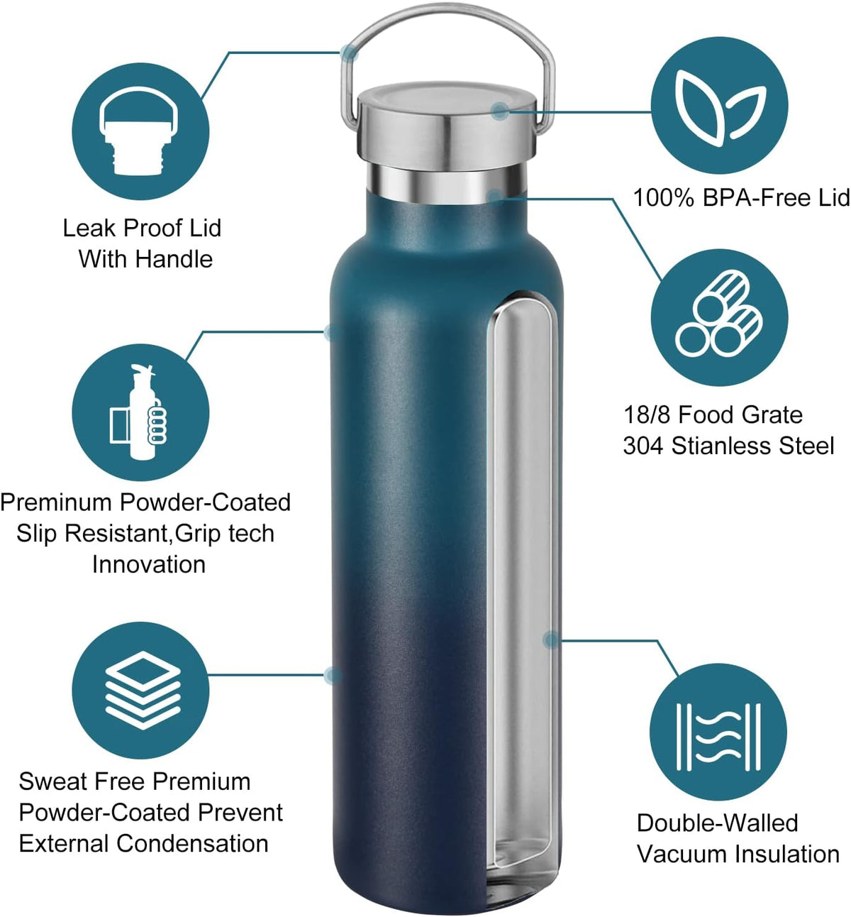 Neihepal 20 oz Insulated Water Bottles Bulk 4 Pack,Stainless Steel Double Wall Sport Bottle with