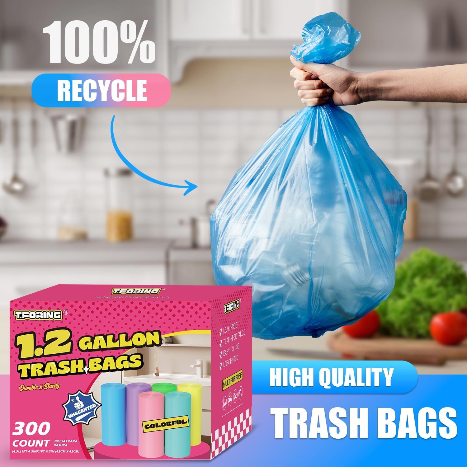 300 Count 1.2 Gallon Trash Bags - 4.5 Liter Colored Small Garbage Bags Unscented Mini Can Liners