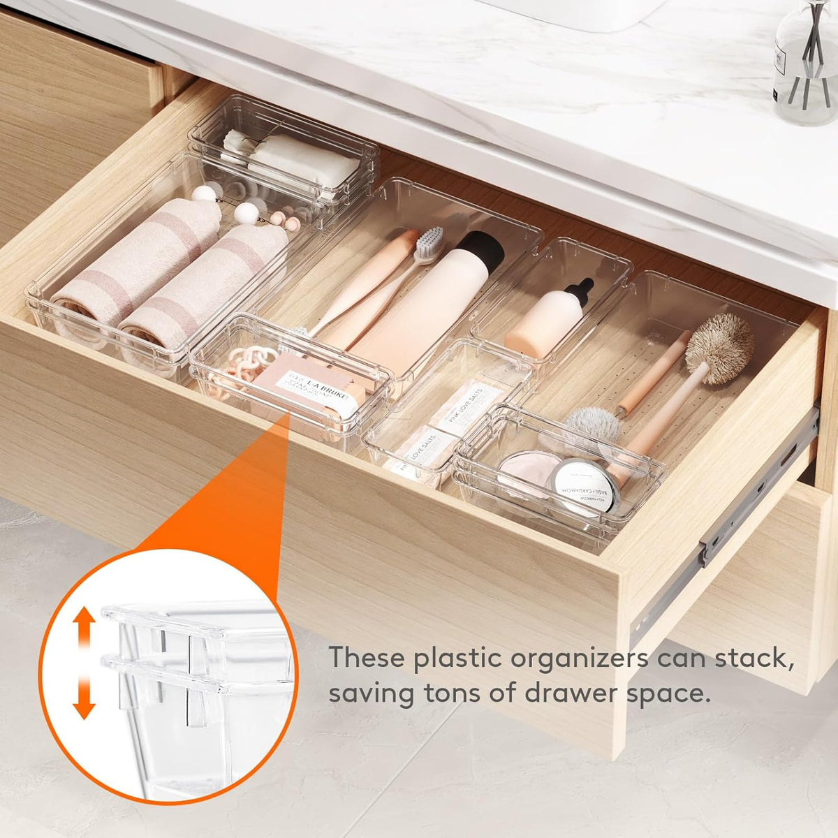 Lifewit 12 Pcs Large Bathroom Drawer Organizers, 3 Sizes Clear Plastic Storage Organizer Trays for
