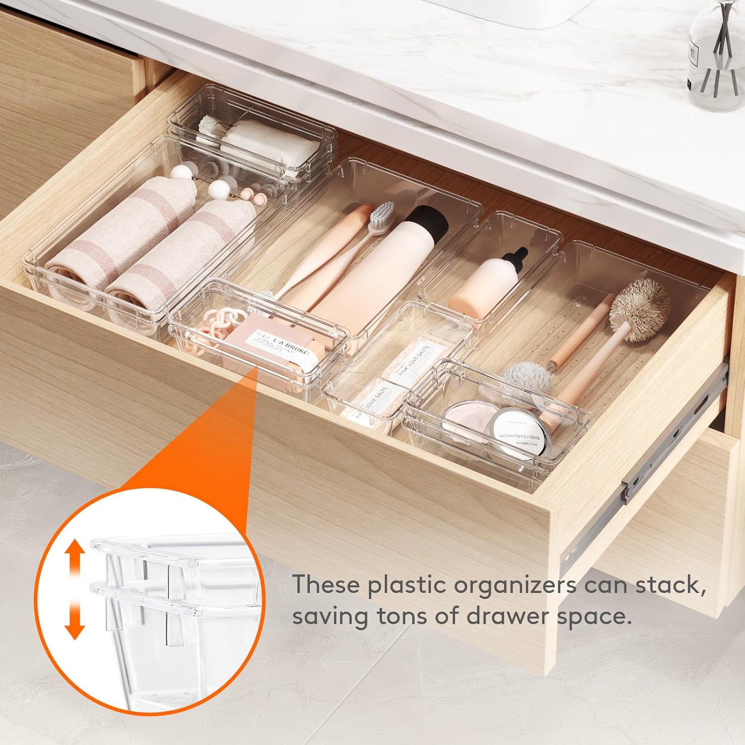 Lifewit 6 Pcs Large Bathroom Drawer Organizers, 3 Sizes Clear Plastic Storage Organizer Trays for