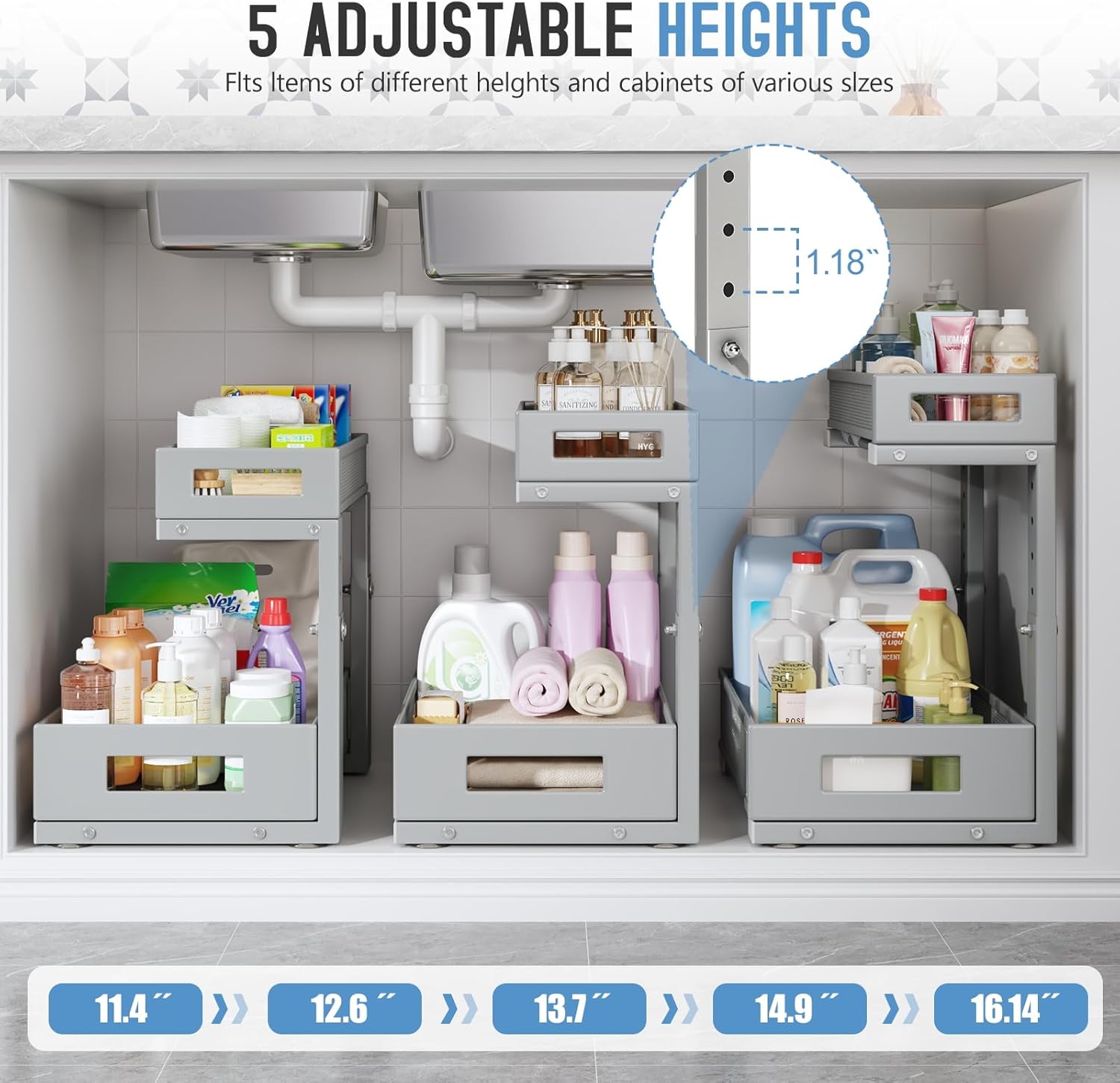 2-Pack Under Sink Storage Organizer, Large 2-Tier Elegant Mesh Pull Out Shelf for Kitchen and