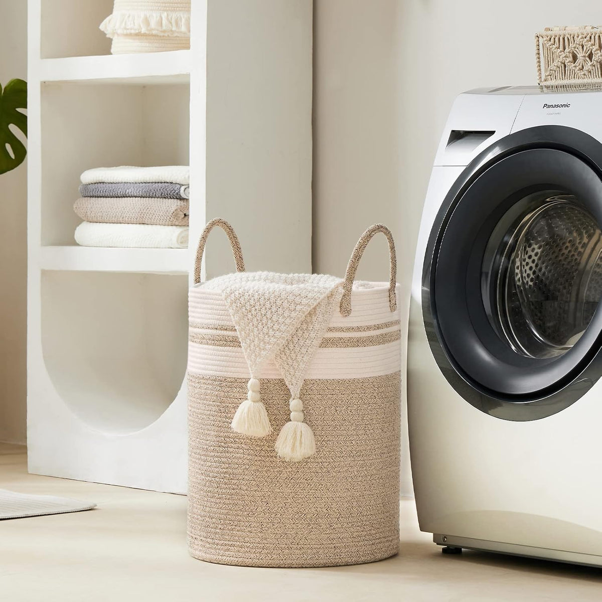 YOUDENOVA Woven Rope Laundry Hamper Basket, 58L Tall Laundry Basket for Blanket Organizer- Clothes