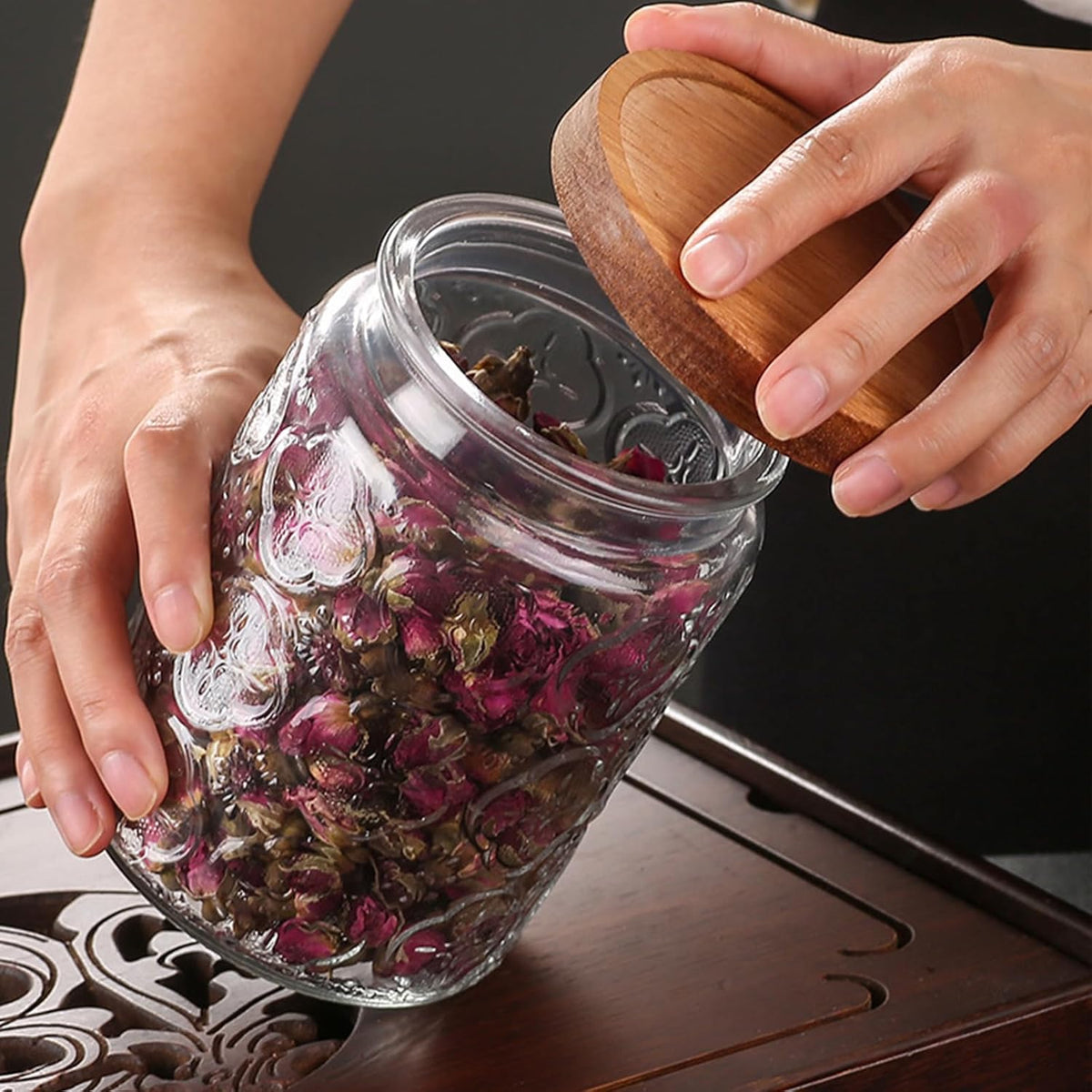 24 OZ/4 PCS Glass Storage Jar with Airtight Bamboo Wooden Lids, Vintage Food Containers Canisters