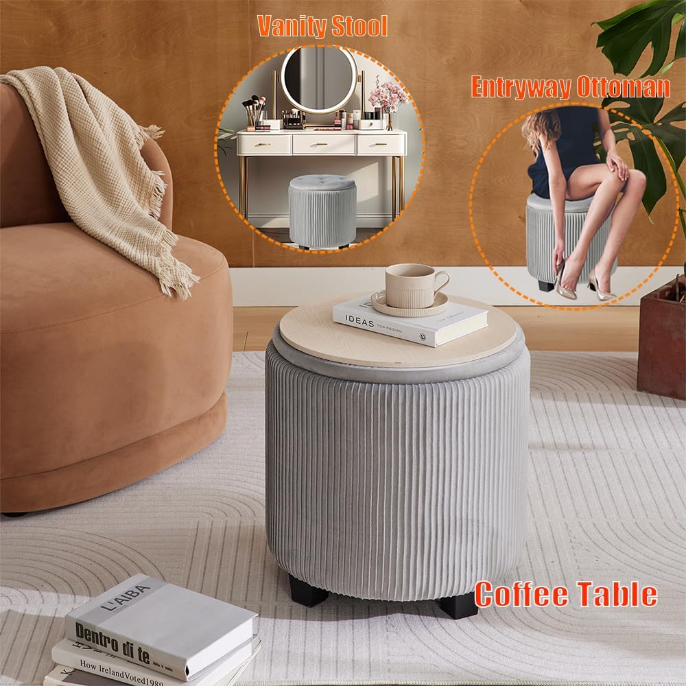 Big Round Ottoman with Storage Set of 2,Upholstered Velvet Vanity Stool for Makeup Multifunctional