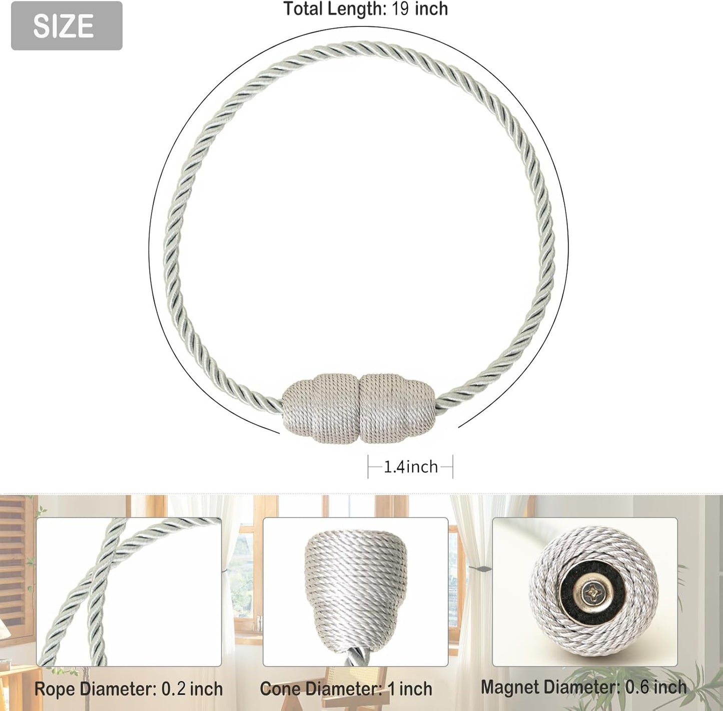 Magnetic Curtain Tiebacks Rope Curtain Tie Backs for Curtains 4 Pack Curtain Holders for Drapes